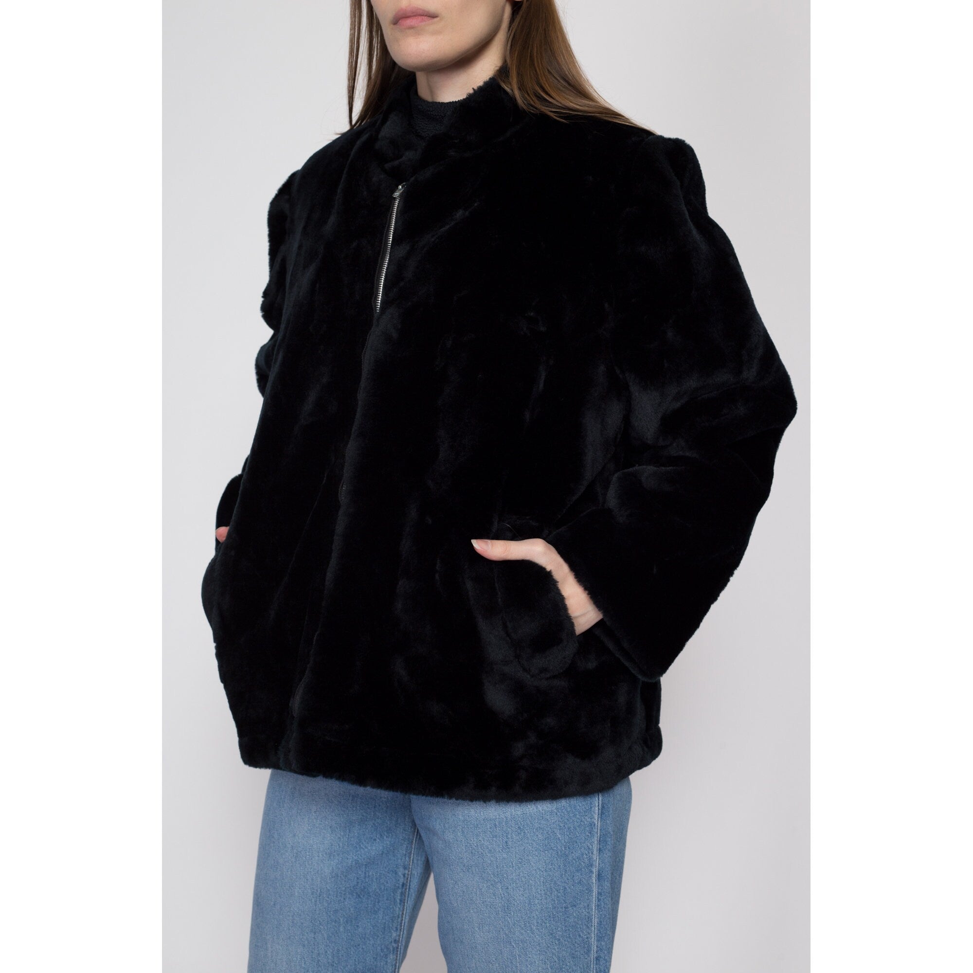 Large 70s 80s Weather Tamer Black Faux Fur Teddy Coat – Flying