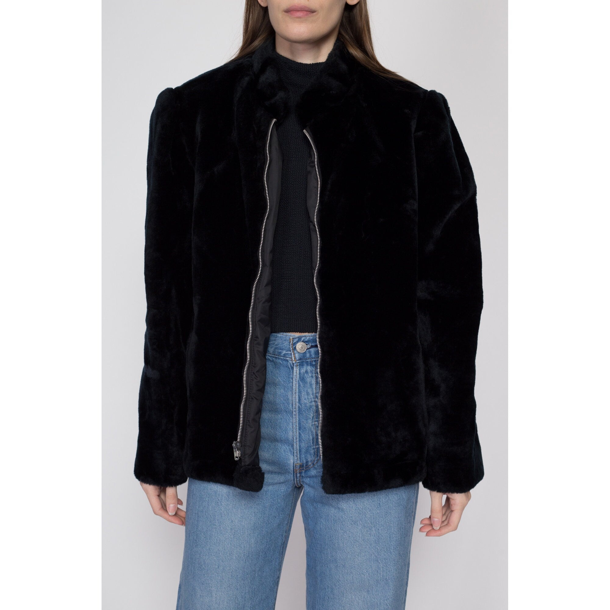 Large 70s 80s Weather Tamer Black Faux Fur Teddy Coat – Flying