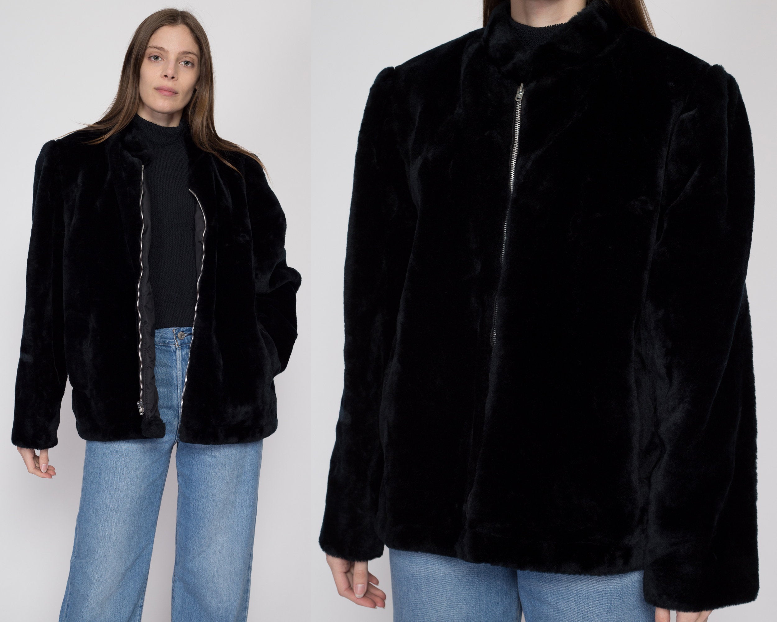 Large 70s 80s Weather Tamer Black Faux Fur Teddy Coat