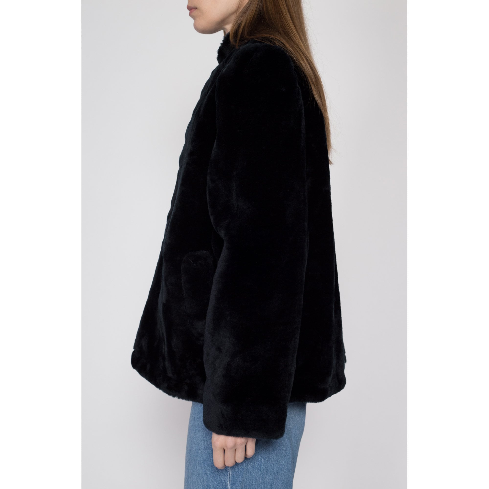 Large 70s 80s Weather Tamer Black Faux Fur Teddy Coat