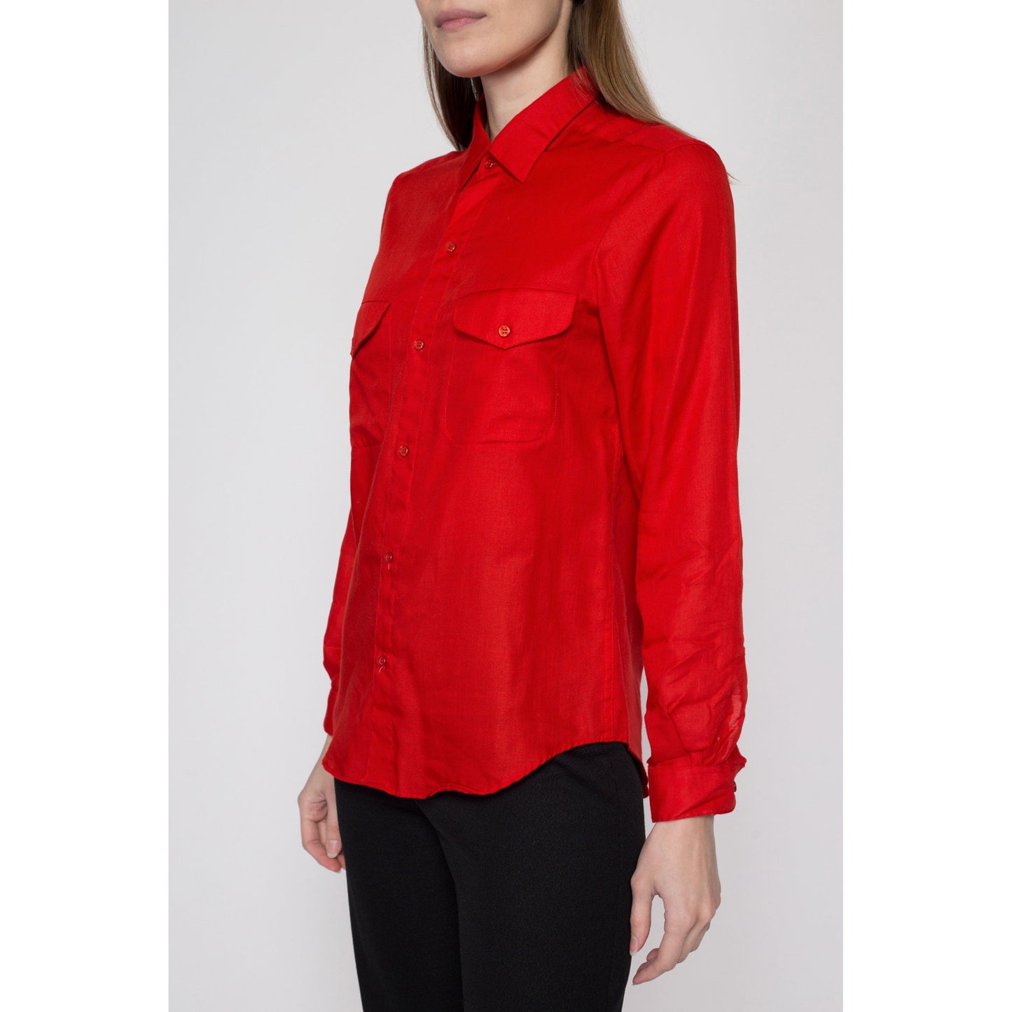 Small 70s Red Double Pocket Shirt | Vintage Button Up Long Sleeve Collared Top