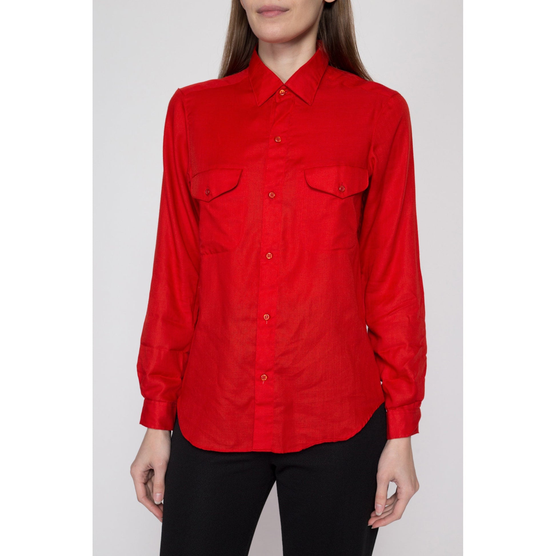 Small 70s Red Double Pocket Shirt | Vintage Button Up Long Sleeve Collared Top