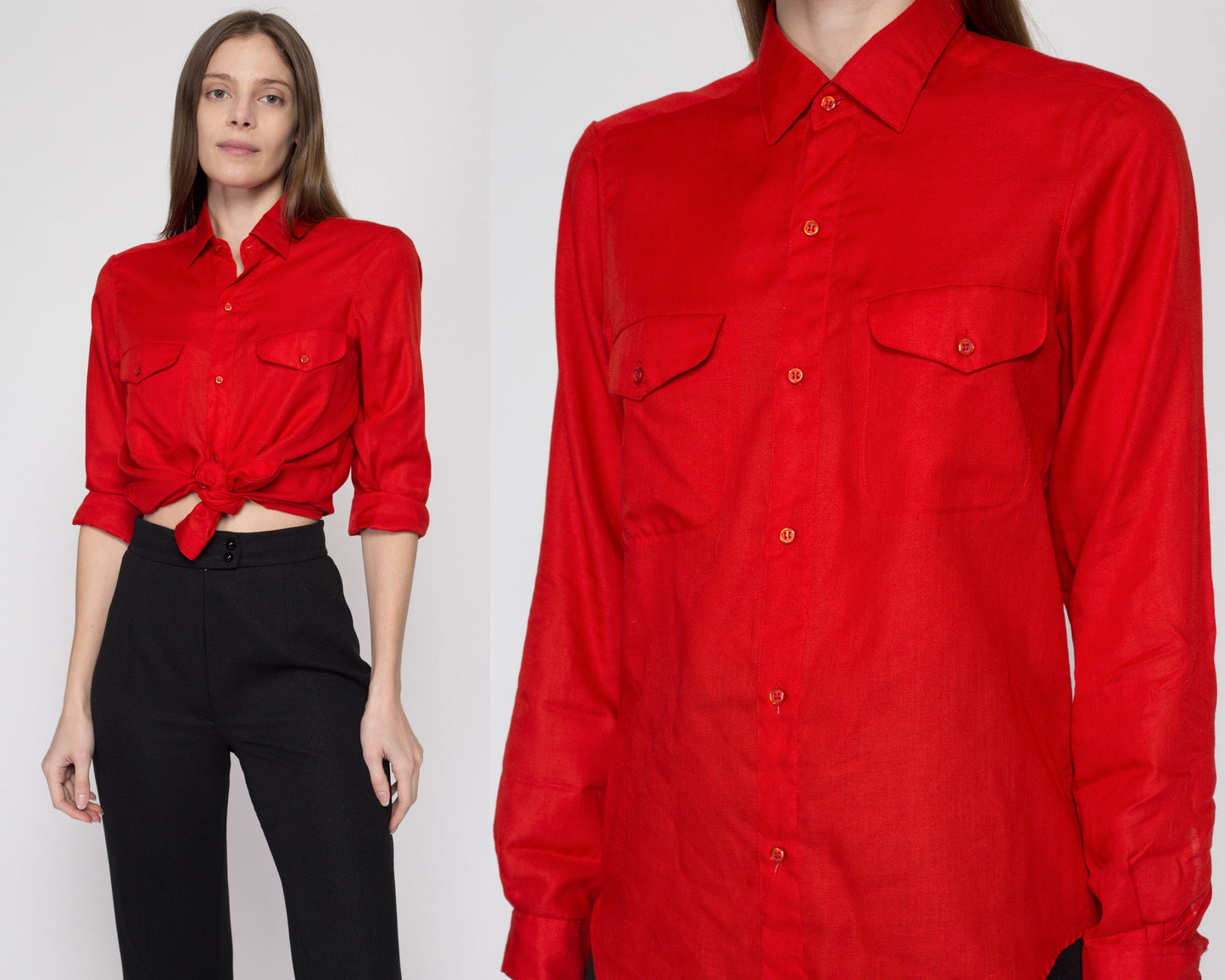 Small 70s Red Double Pocket Shirt | Vintage Button Up Long Sleeve Collared Top