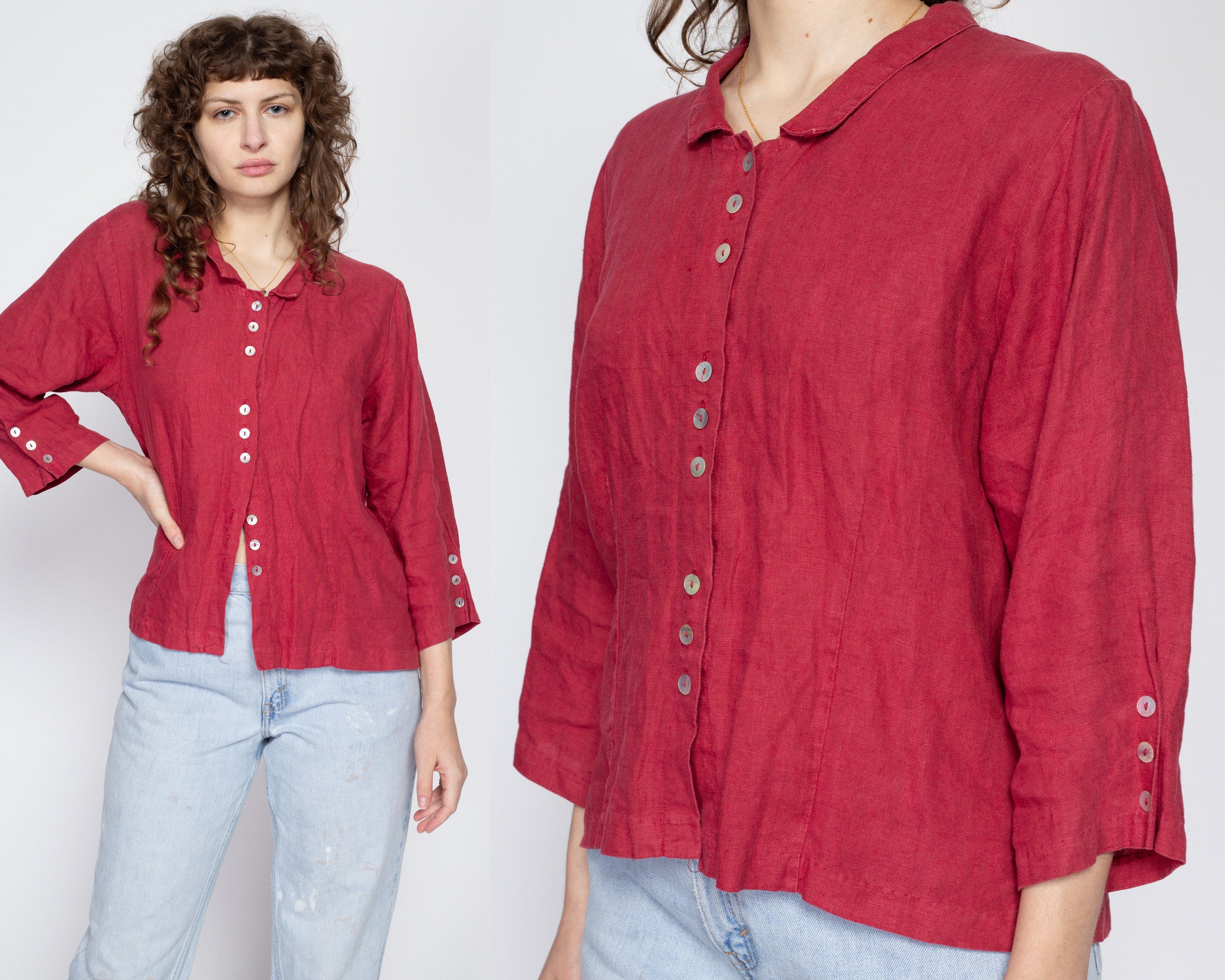 Large 90s Boho Raspberry Red Linen Blouse – Flying Apple Vintage