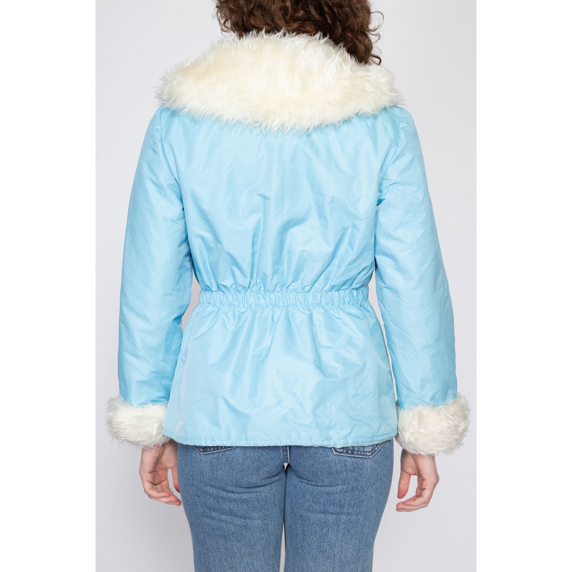 Small 70s Baby Blue Faux Fur Trim Jacket – Flying Apple Vintage