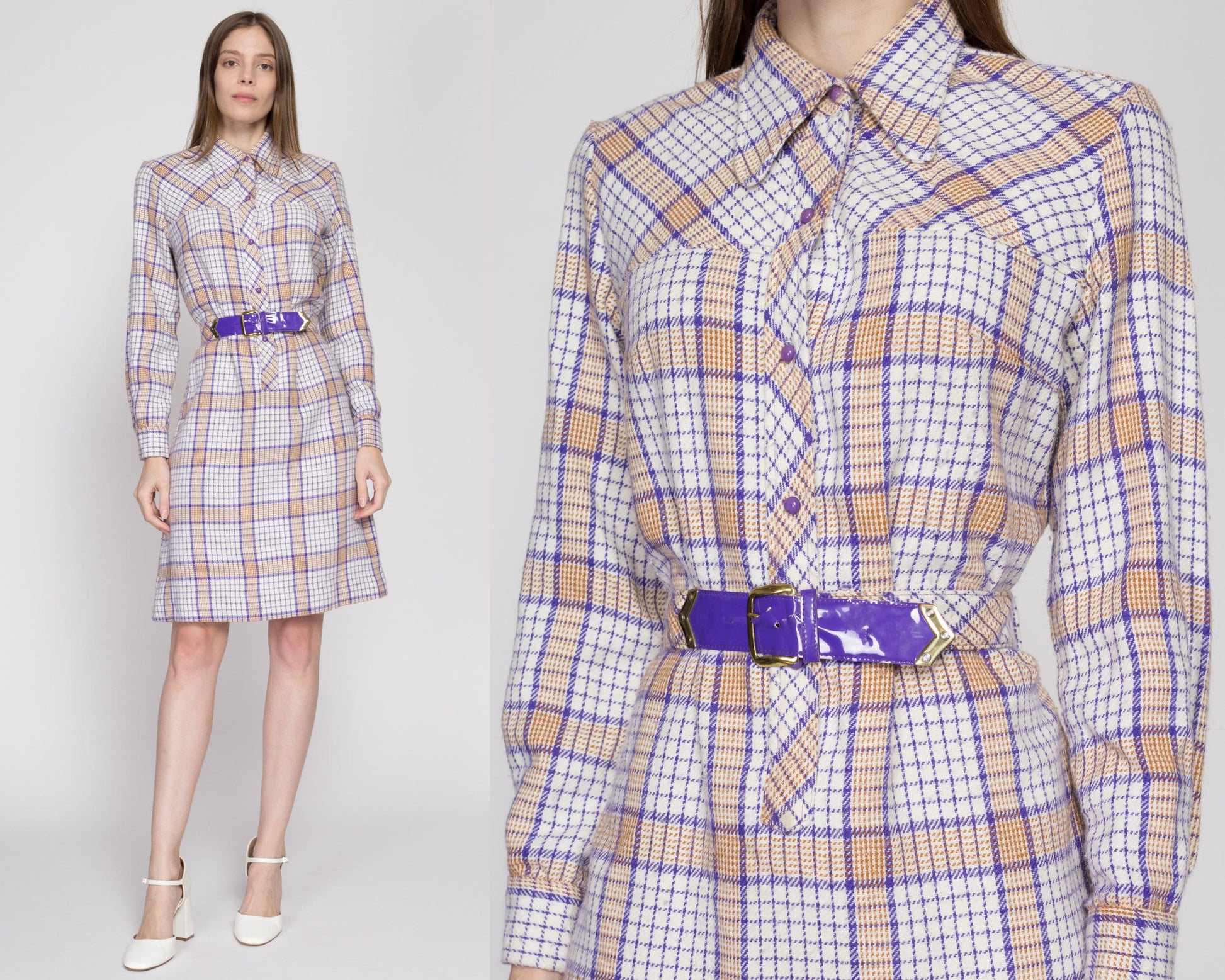 Medium 60s Mod Plaid Belted Shirtdress | Vintage Purple White Long Sleeve Knit Mini Dress