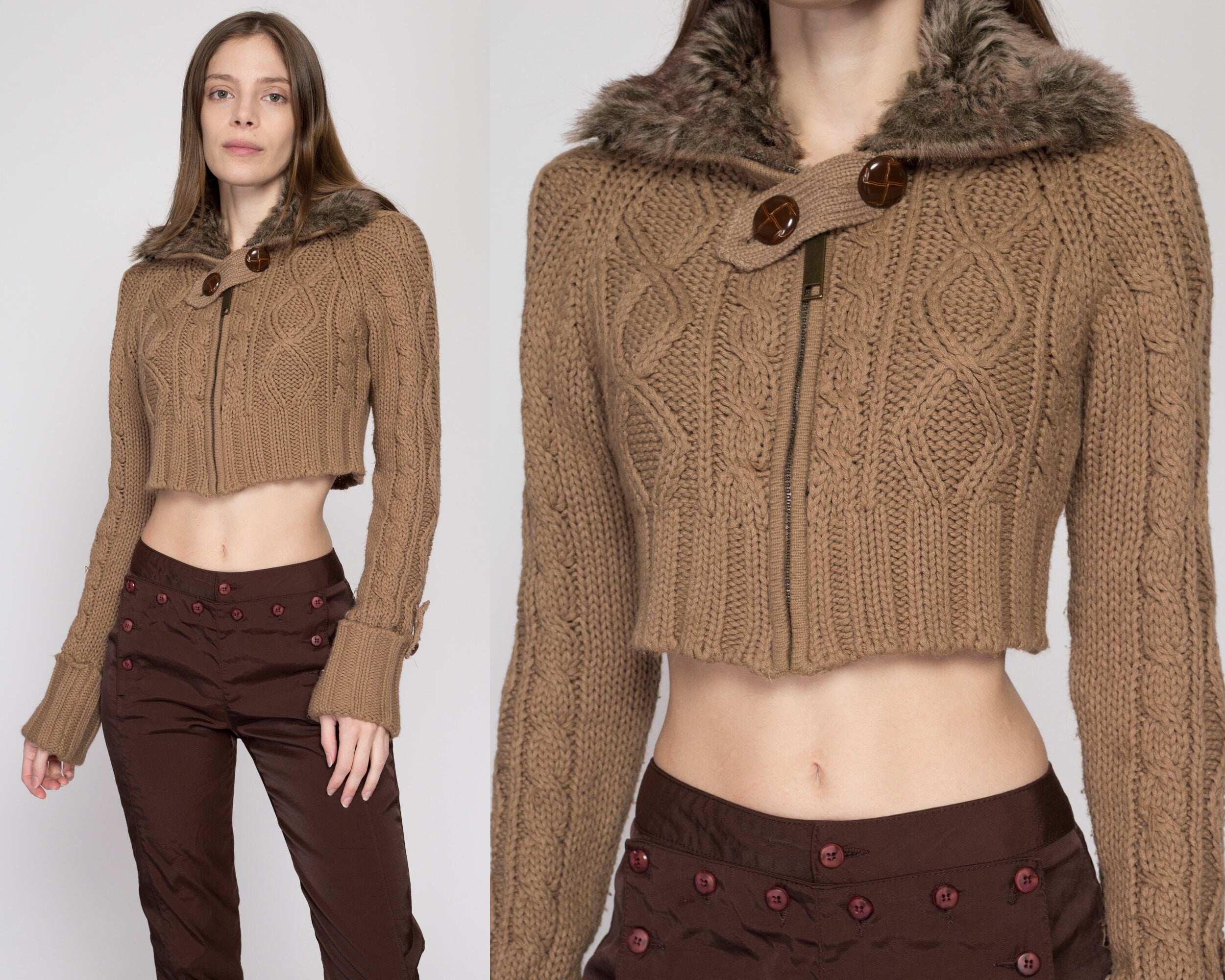 Med Lrg 90s Brown Faux Fur Collar Cropped Sweater Flying Apple Vintage