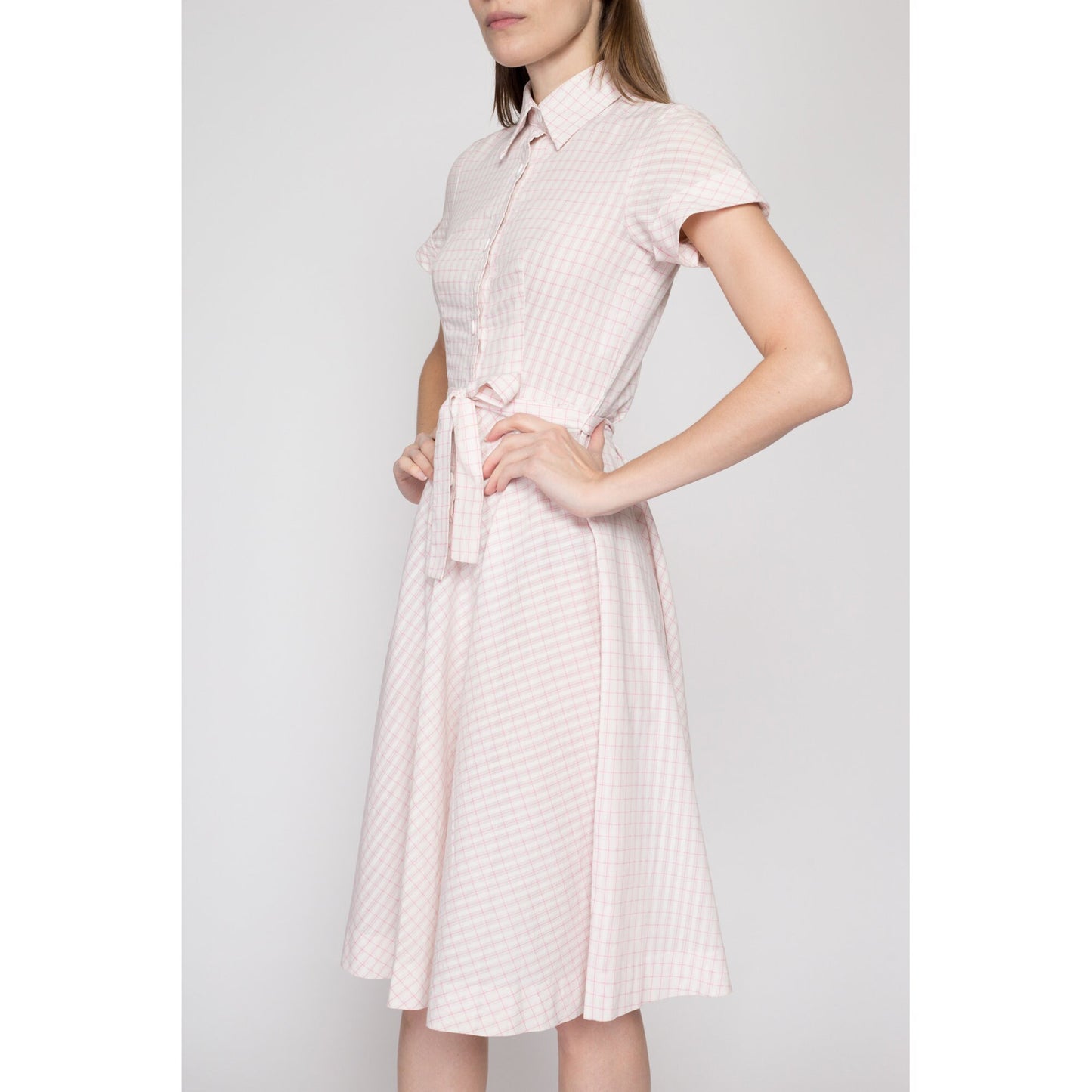 XS 1950s Pink & White Seersucker Shirtdress | Vintage 50s Belted Boho Cotton Knee Length Dress