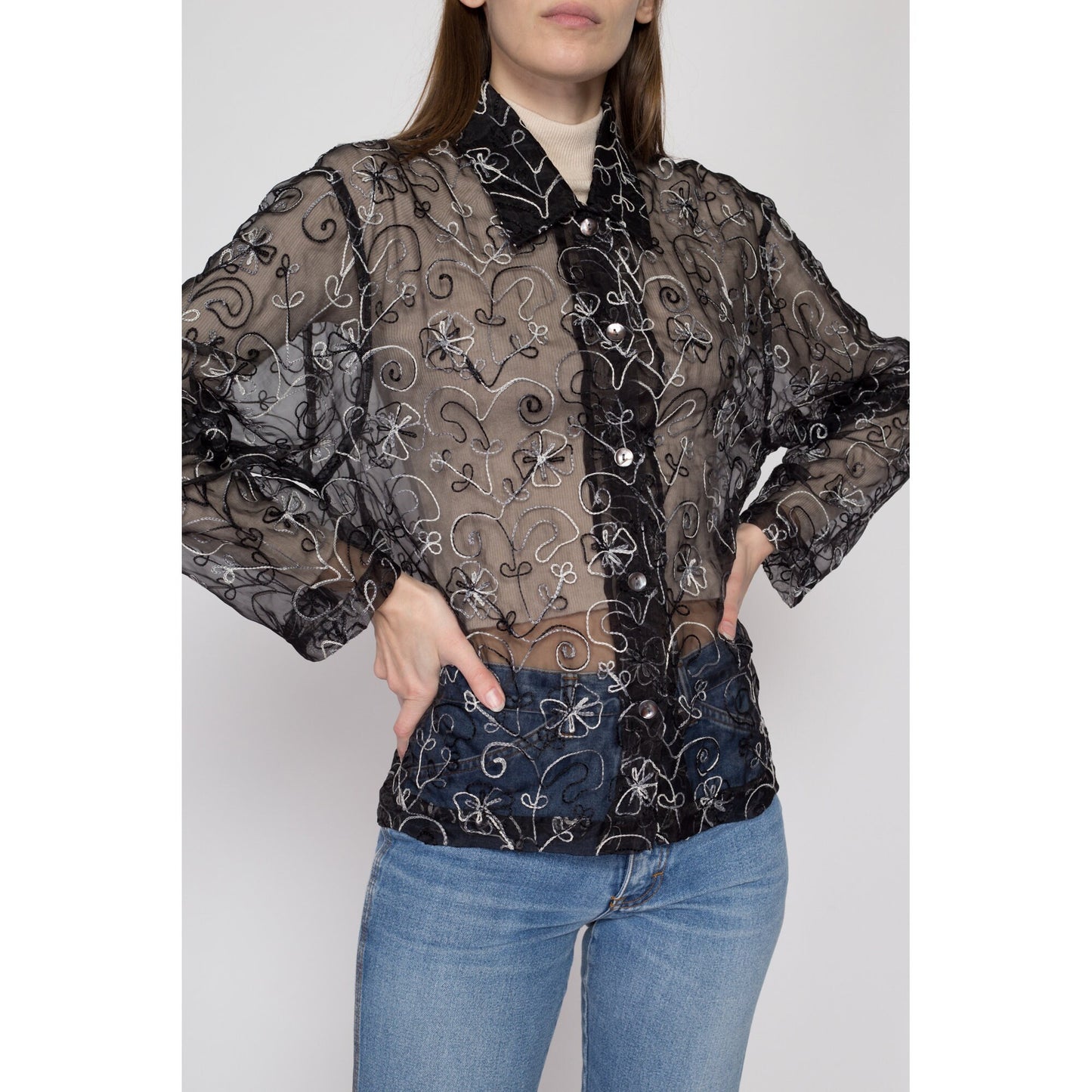 Small 90s Sheer Black Silk Embroidered Blouse | Vintage Oversize Boho Floral Collared Long Sleeve Top