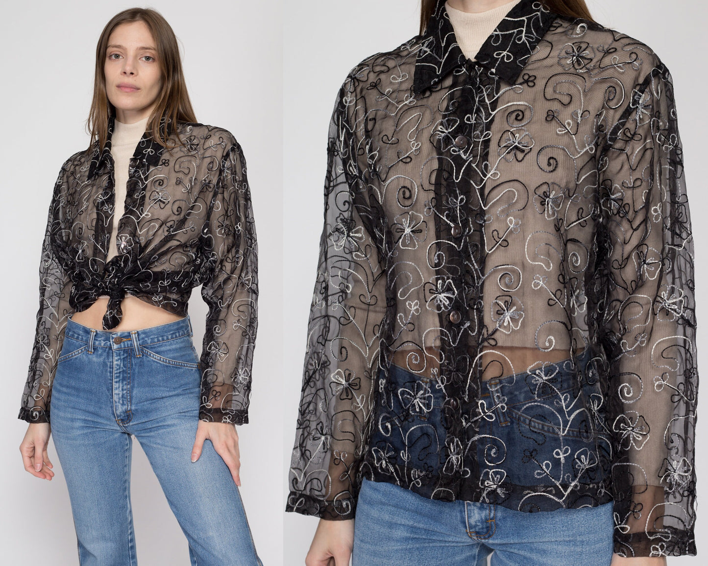 Small 90s Sheer Black Silk Embroidered Blouse | Vintage Oversize Boho Floral Collared Long Sleeve Top