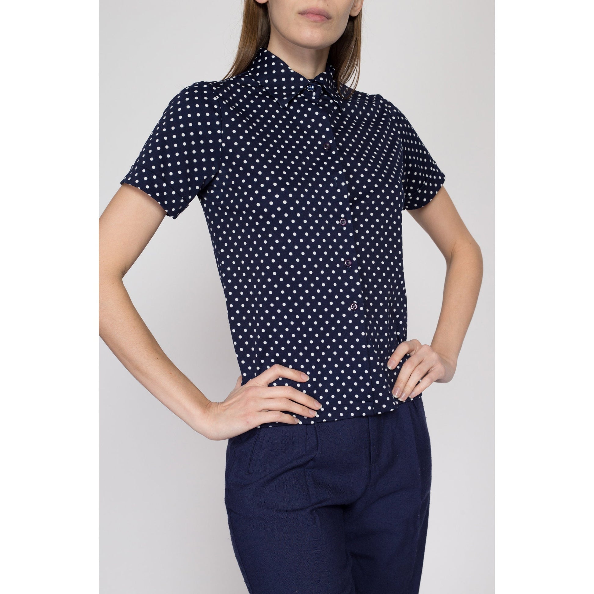 XS 70s Navy Polka Dot Button Up Top | Vintage Blue White Short Sleeve Collared Shirt