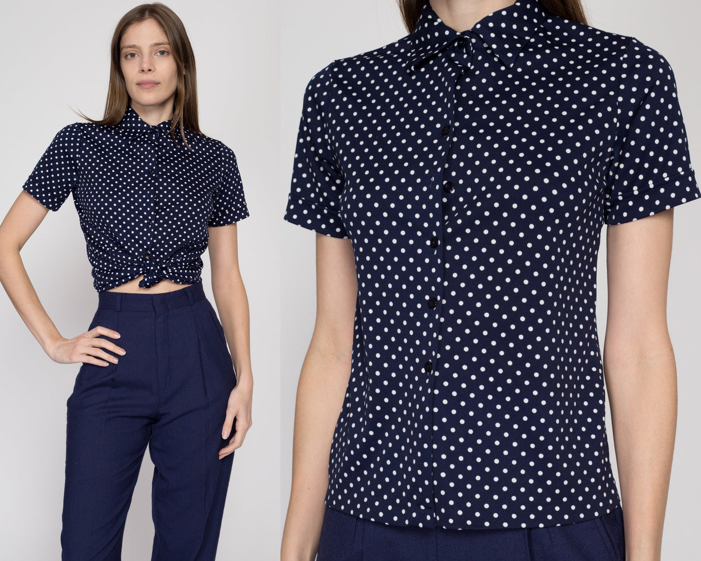 XS 70s Navy Polka Dot Button Up Top | Vintage Blue White Short Sleeve Collared Shirt