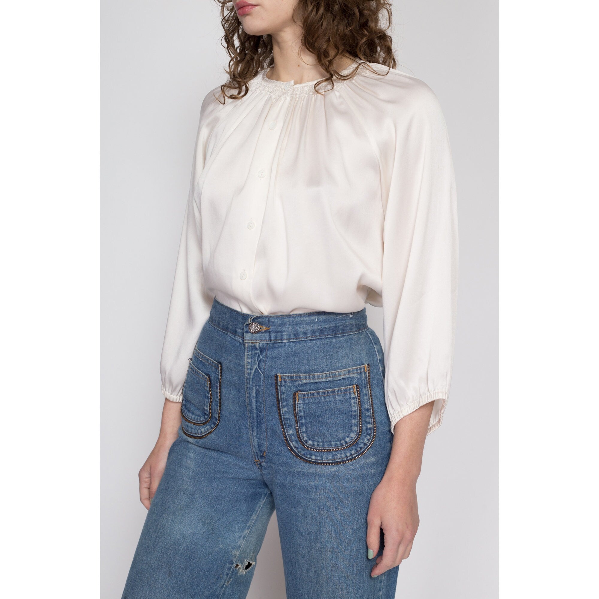 Medium 90s White Silk Folk Blouse