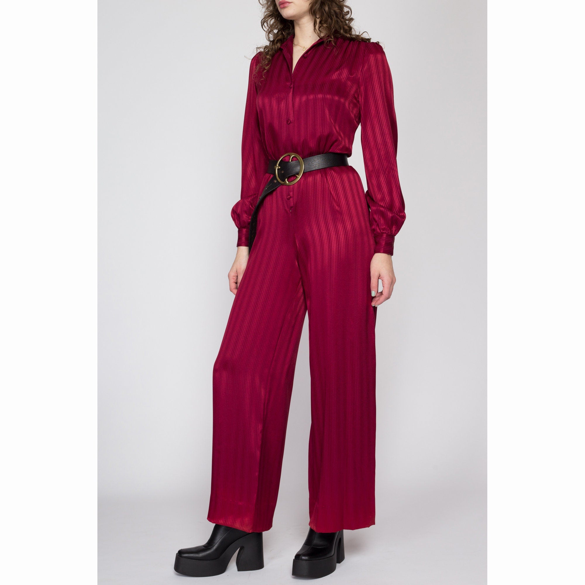 Small 70s Maroon Striped Satin Jumpsuit