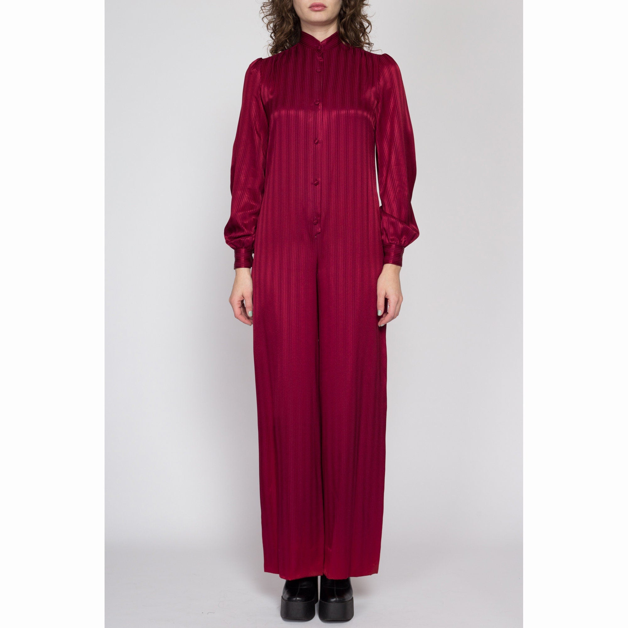 Small 70s Maroon Striped Satin Jumpsuit