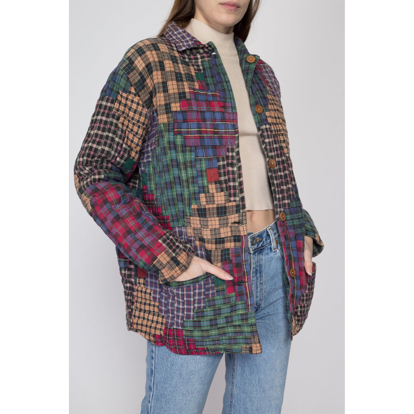 Small 90s Boho Reversible Plaid Patchwork Quilted Jacket | Vintage Patch Magic Multicolor Cotton Button Up Hippie Coat