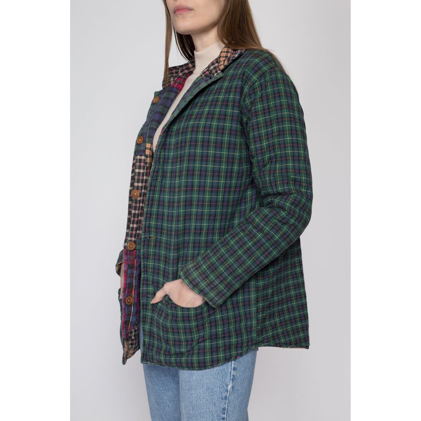 Small 90s Boho Reversible Plaid Patchwork Quilted Jacket | Vintage Patch Magic Multicolor Cotton Button Up Hippie Coat