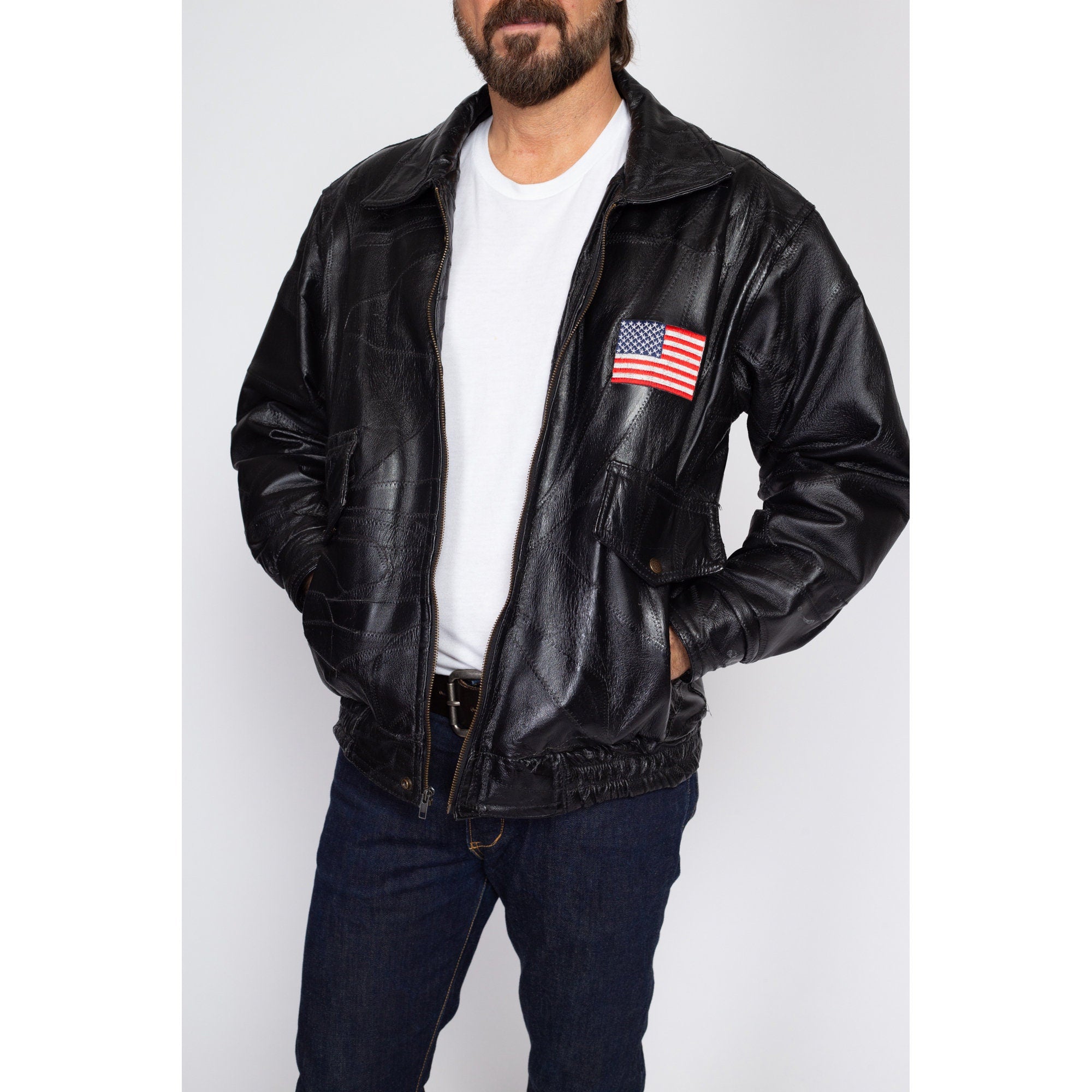 VTG 90s Black Genuine Leather Motorcycle Biker Bomber Flight 2024 Jacket M Mens