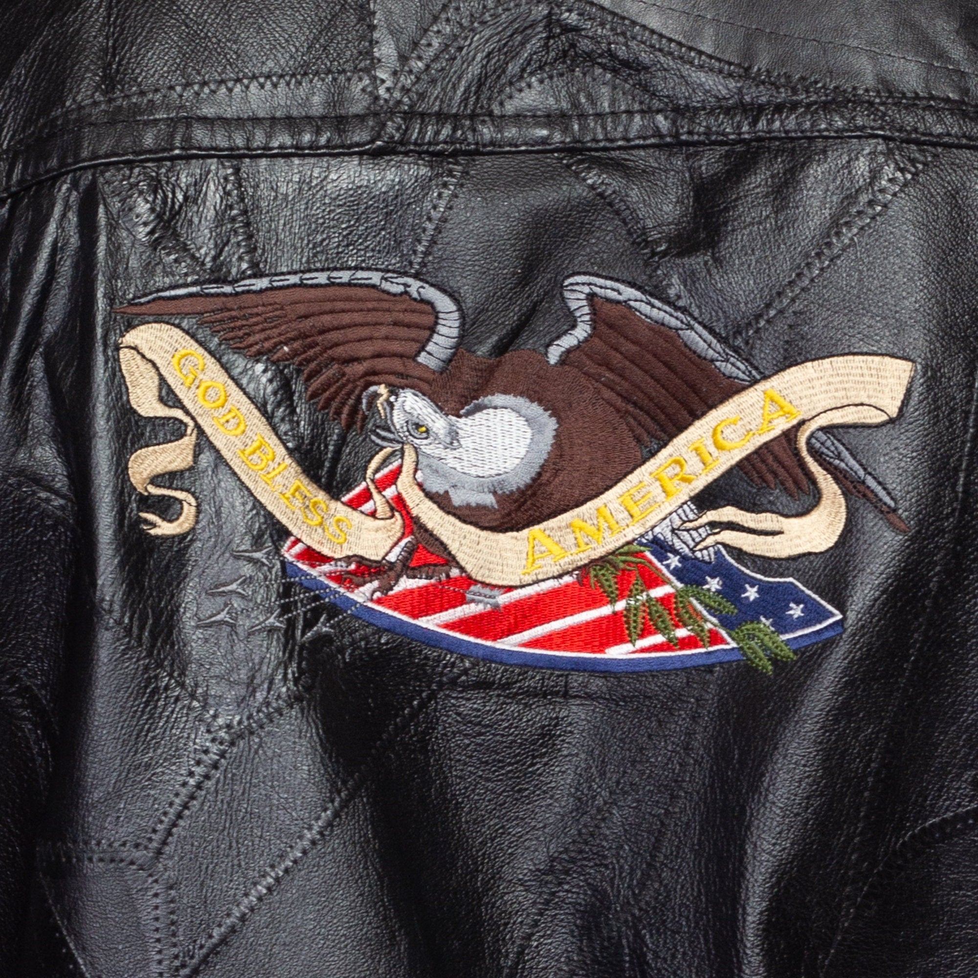 Vintage Black Leather Patched offers God Bless America Motorcycle Jacket Size Medium