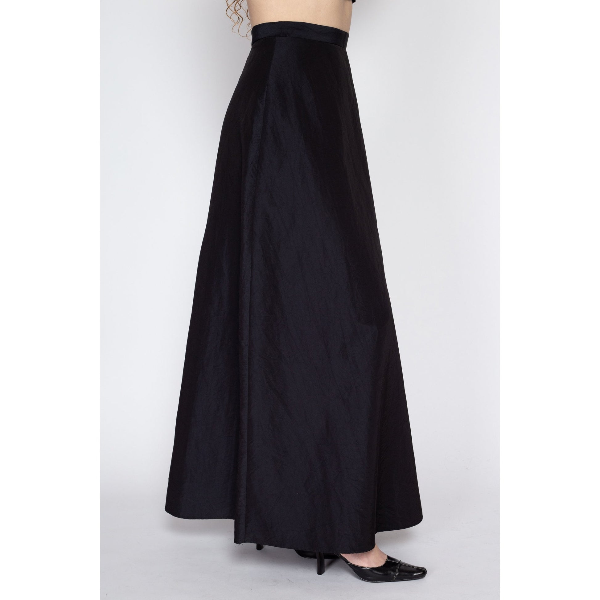 Sm-Med 90s Formal Black Taffeta Maxi Skirt | Vintage Floor Length High Waisted A Line Flowy Skirt