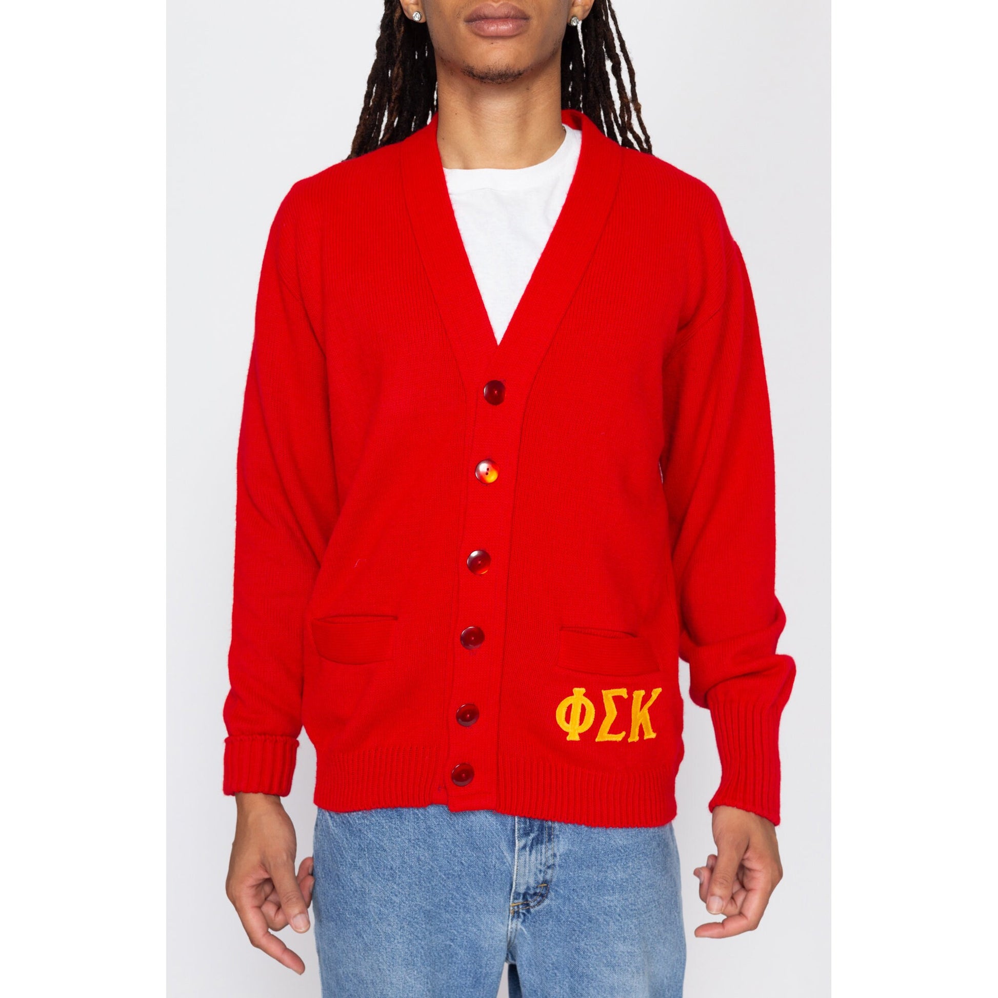 Large 70s Red Phi Sigma Kappa Fraternity Cardigan | Vintage V Neck Button Up Greek Life Frat Varsity Sweater