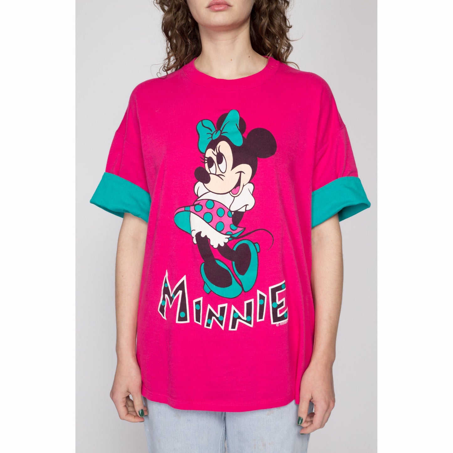 XL 90s Hot Pink Minnie Mouse Tee | Vintage Disney Cartoon Oversize Cuffed T Shirt