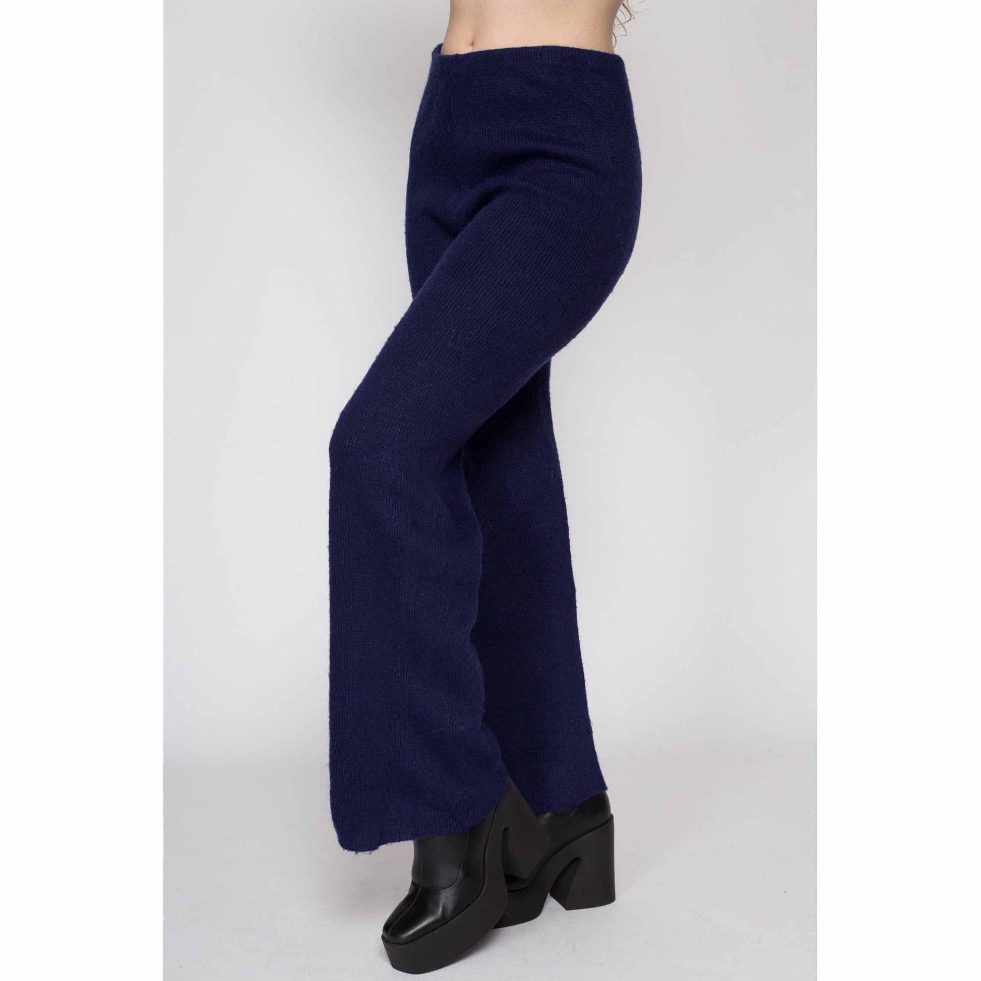 Med-Lrg 70s 80s Navy Blue Knit Lounge Pants | Vintage High Waisted Flared Pants