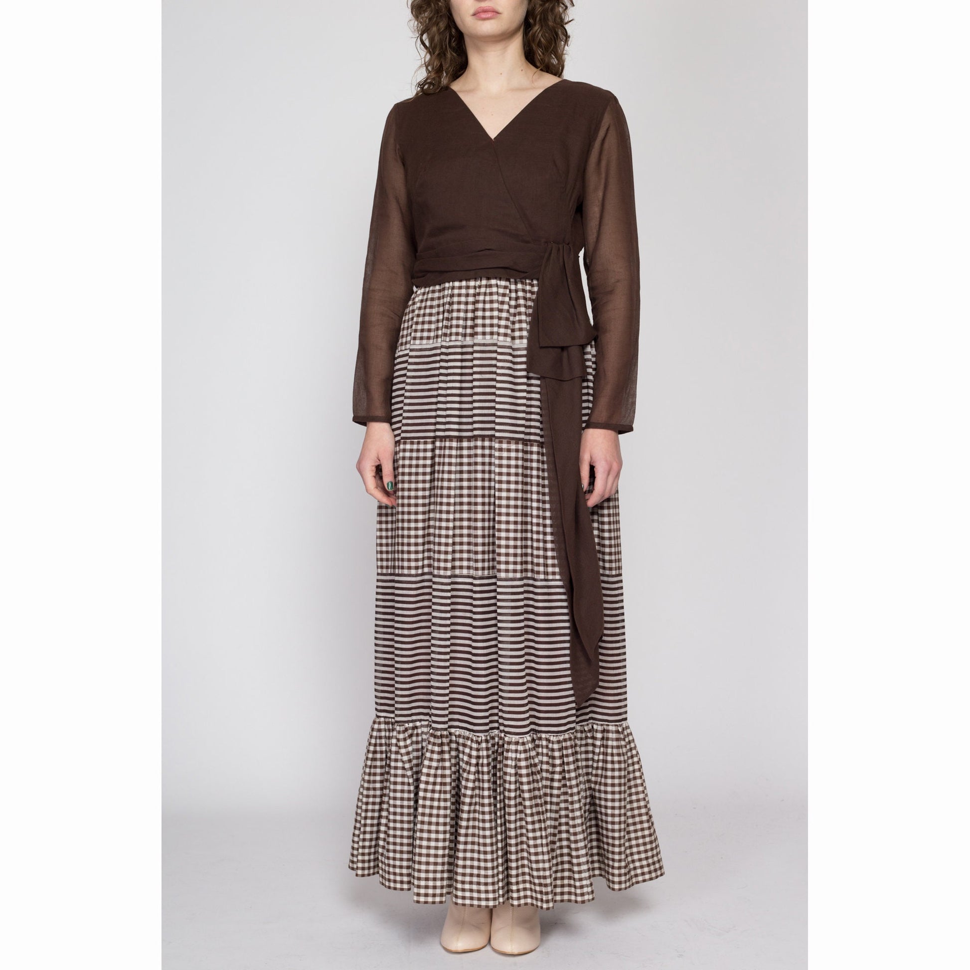 Medium 60s 70s Brown Gingham & Striped Hostess Dress | Retro Vintage Long Sleeve V Neck Maxi Dress