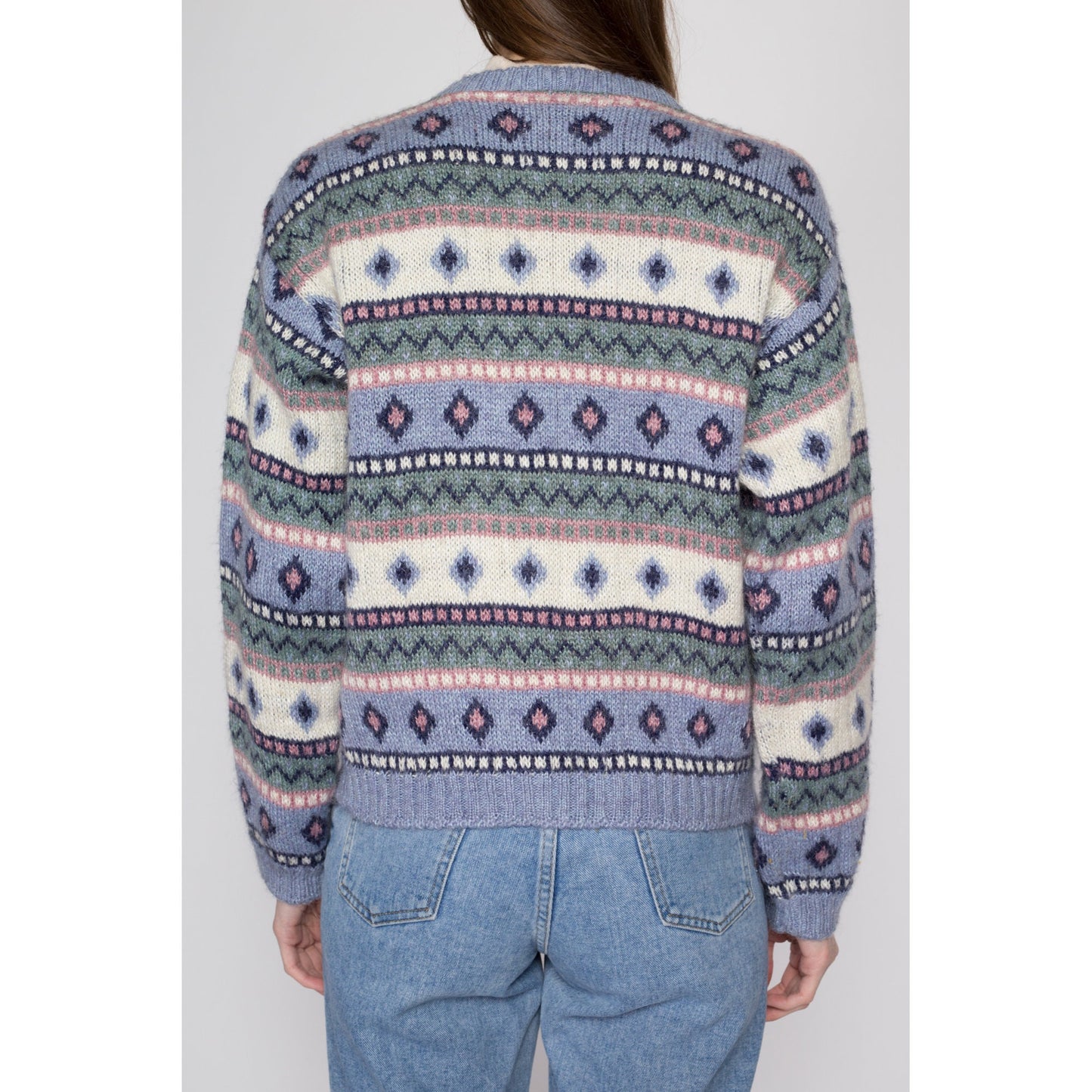Medium 90s LL Bean Pastel Fair Isle Cardigan | Vintage Mohair Blend Button Up Striped Knit Sweater