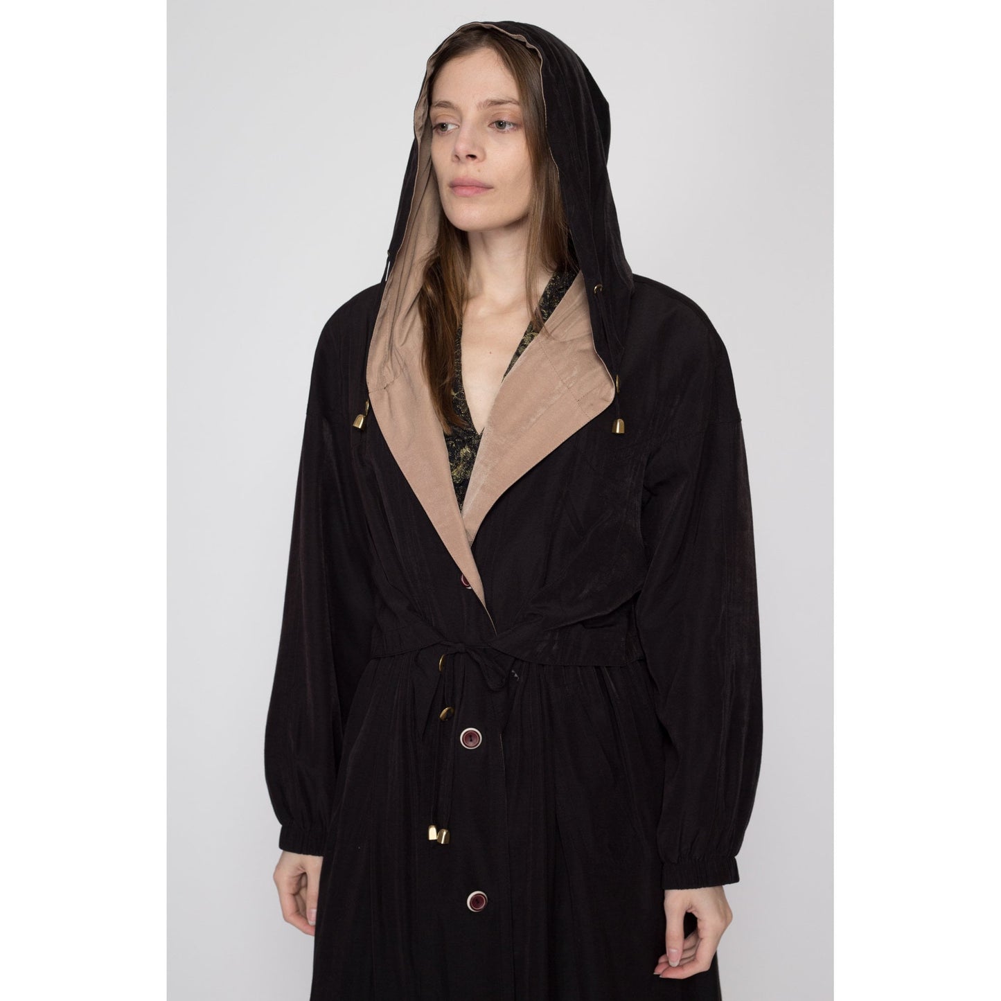 Medium 90s Black Hooded Cinched Waist Trench Coat | Vintage Gallery Lightweight Button Up Long Jacket