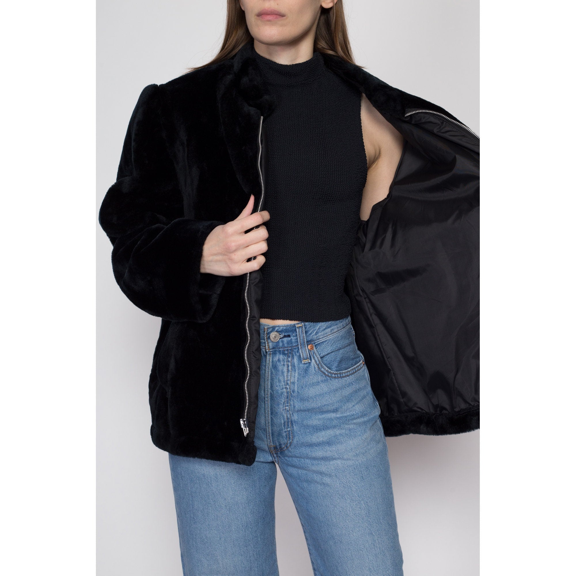 Large 70s 80s Weather Tamer Black Faux Fur Teddy Coat