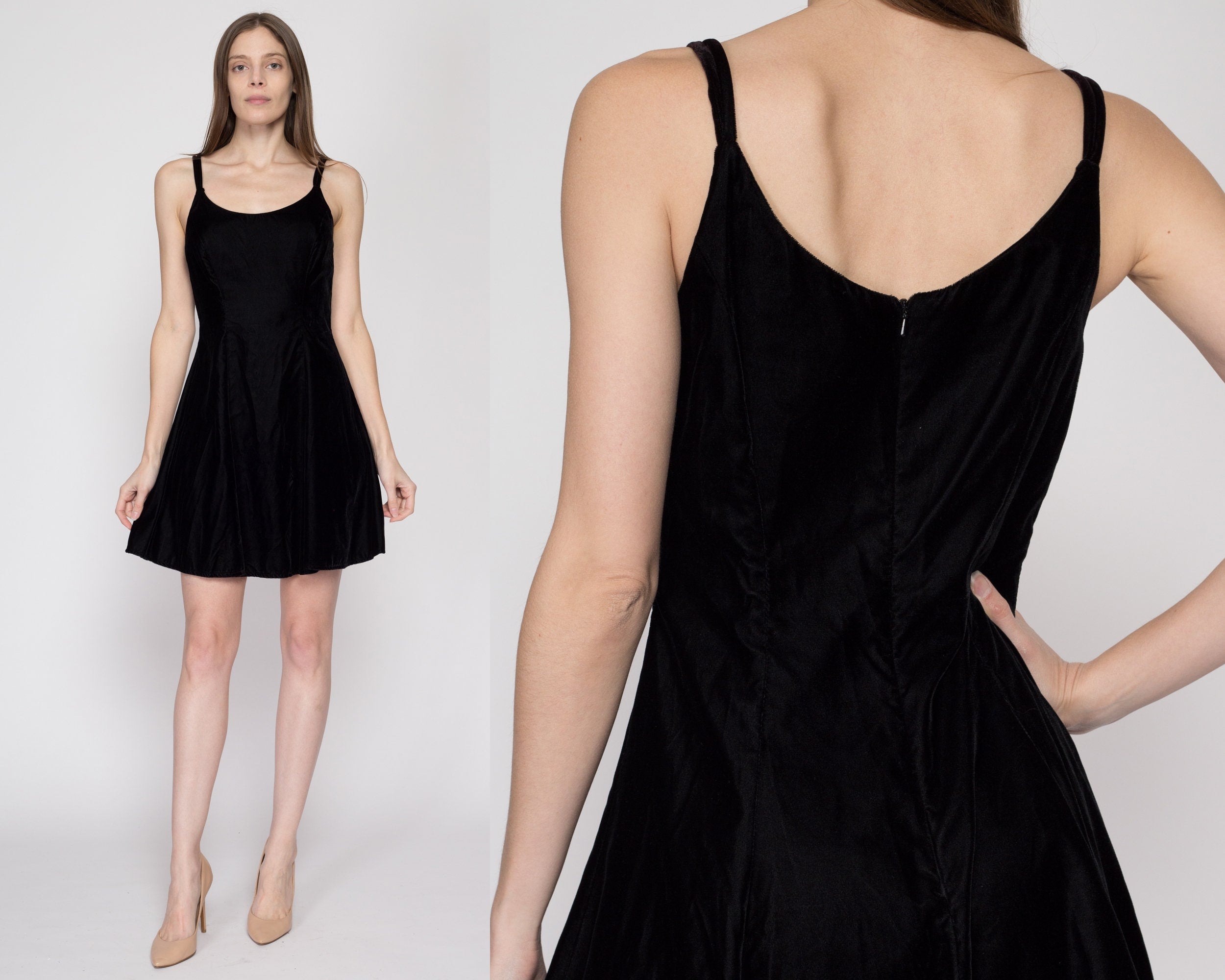 Small 90s Black Velvet Mini Skater Dress – Flying Apple Vintage