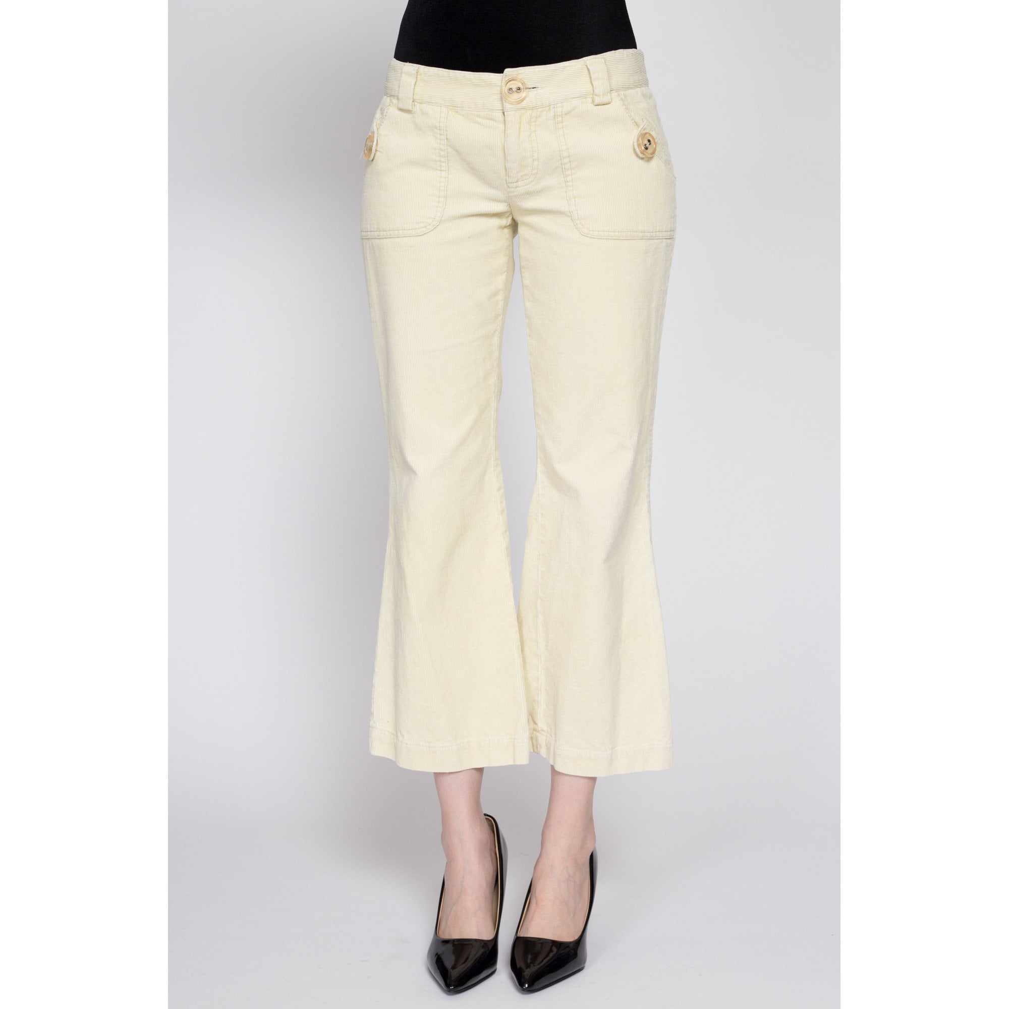 Small 90s Y2K Butter Yellow Corduroy Low Rise Flares – Flying