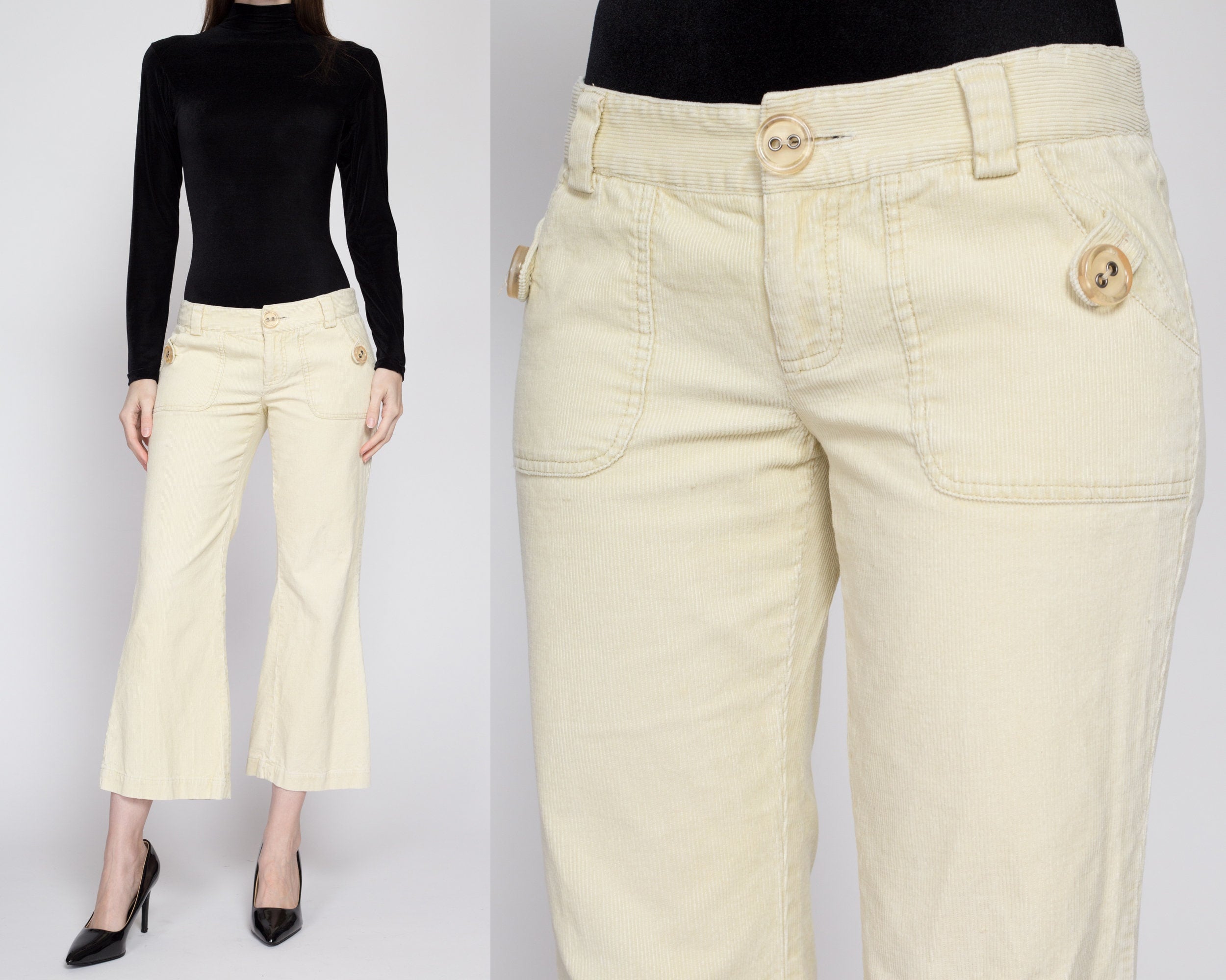 Small 90s Y2K Butter Yellow Corduroy Low Rise Flares – Flying