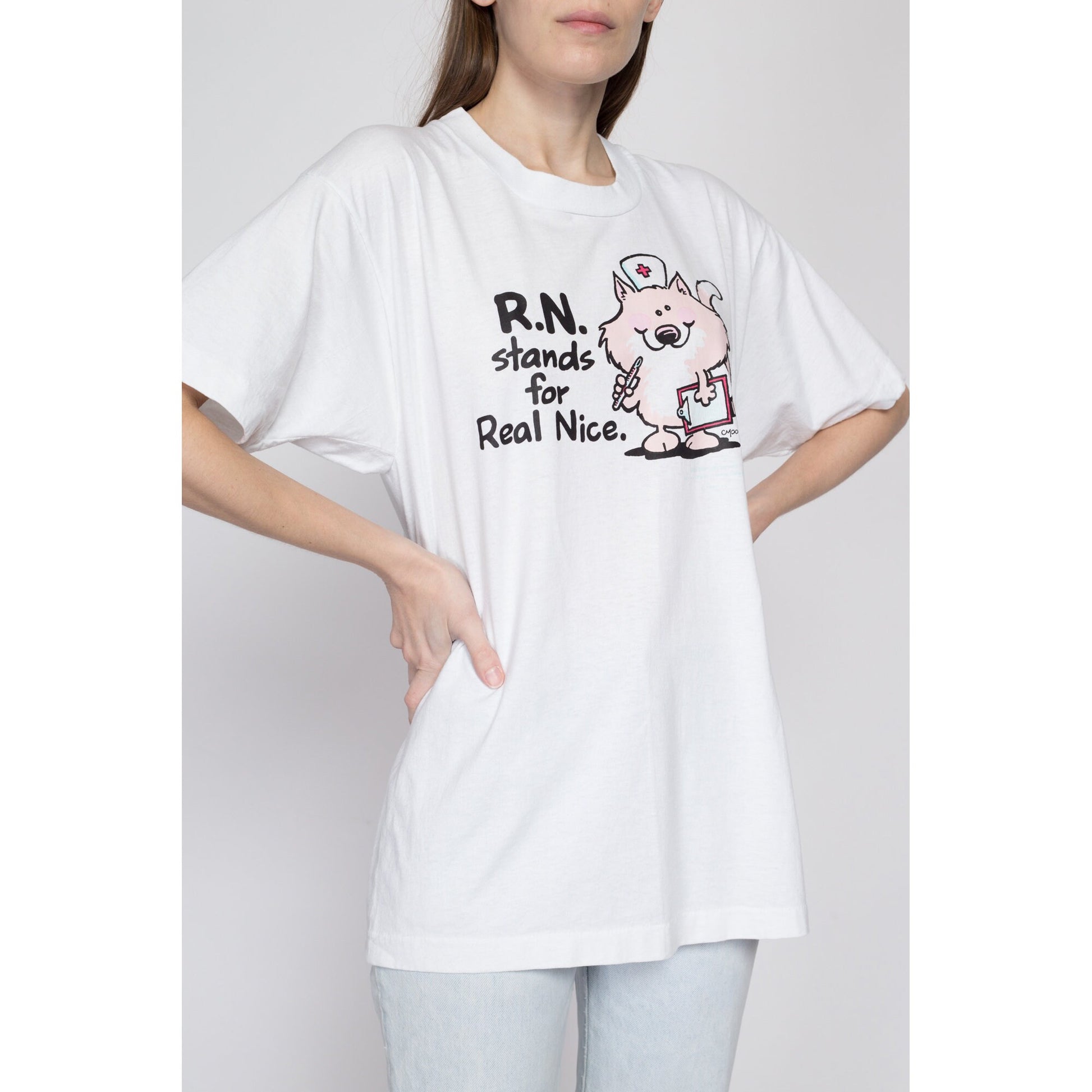 XL 90s Nurse "RN Stands For Real Nice" T Shirt | Vintage Hallmark Shoebox Greetings Graphic Cartoon Cat Nursing Tee