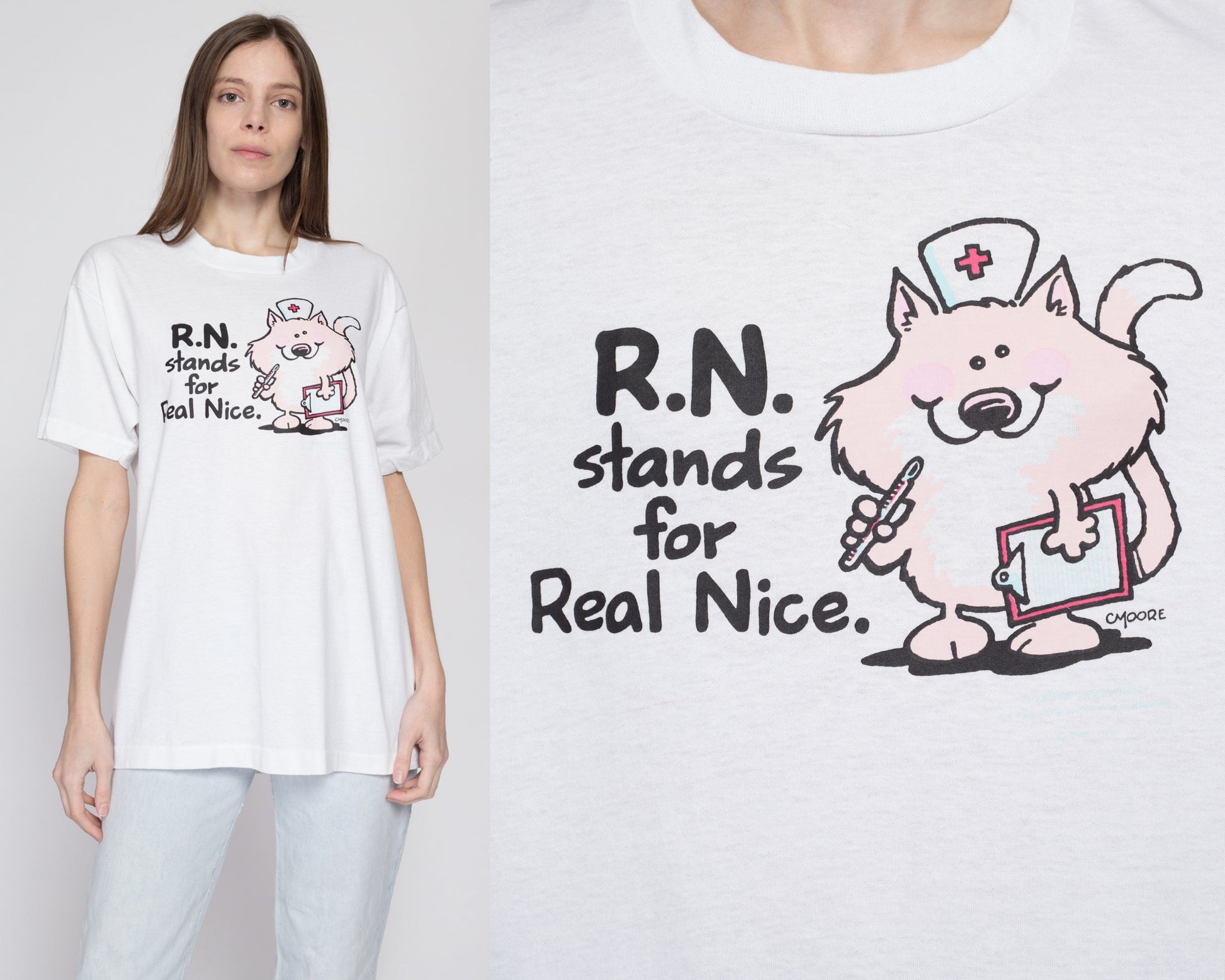 XL 90s Nurse "RN Stands For Real Nice" T Shirt | Vintage Hallmark Shoebox Greetings Graphic Cartoon Cat Nursing Tee