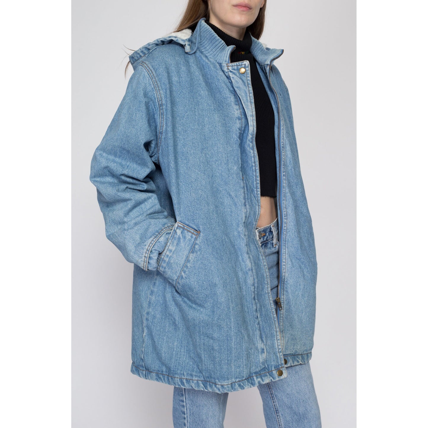 Large 90s Denim Sherpa Hooded Chore Jacket | Vintage Oversized Grunge Streetwear Shearling Lined Jean Coat