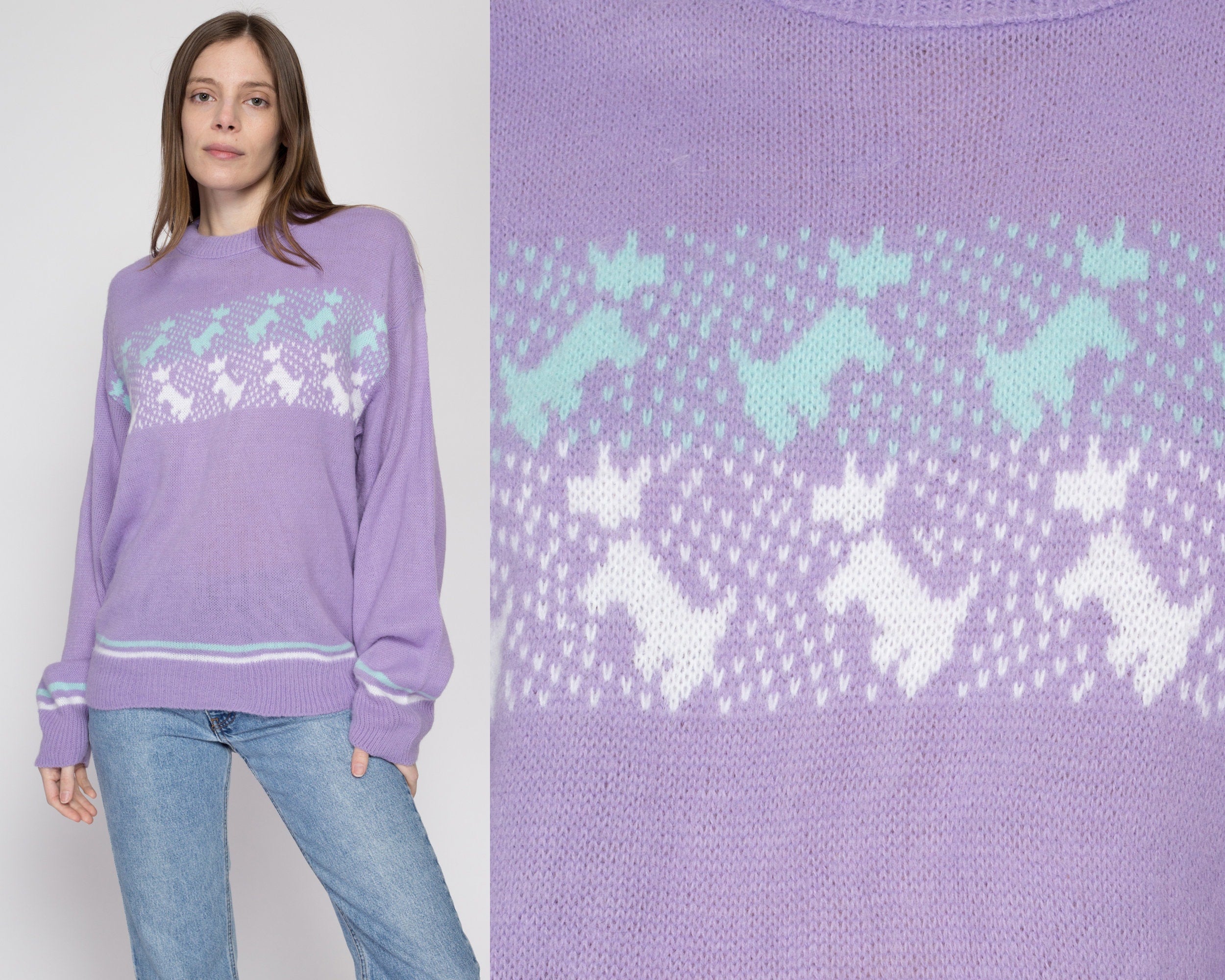 Large 80s Lilac Scottie Dog Oversize Sweater Flying Apple Vintage