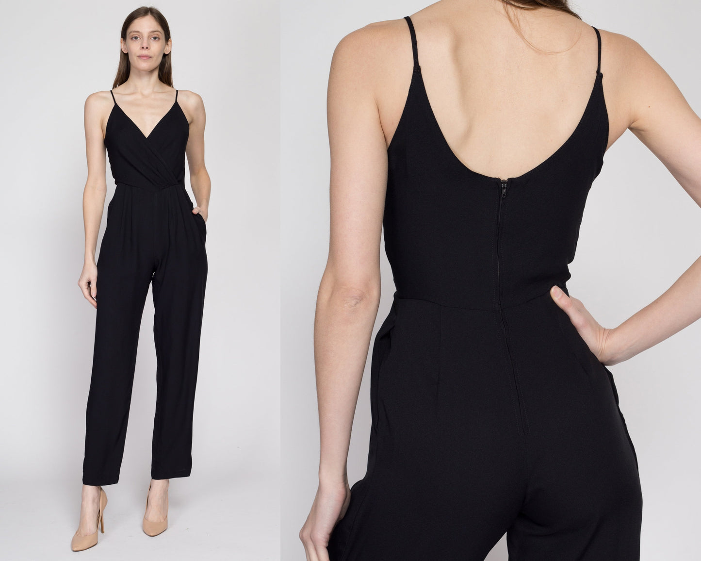 XS 80s 90s Minimalist Black Wrap Jumpsuit | Vintage All That Jazz Spaghetti Strap Tapered Leg Pocket Pantsuit