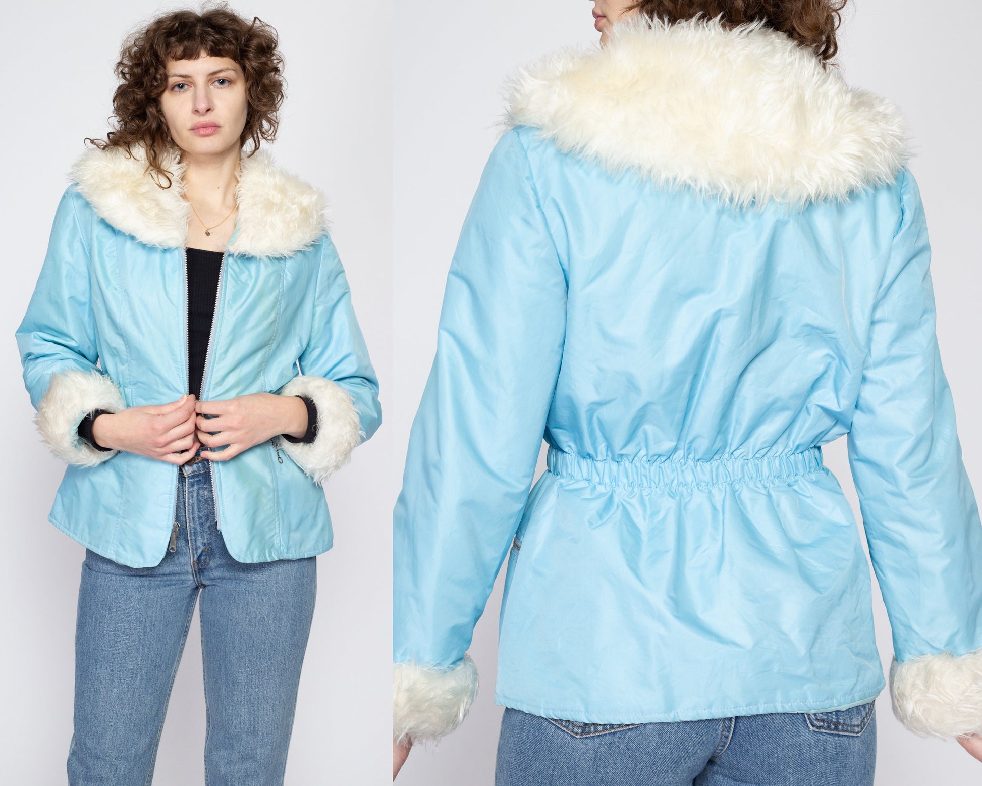 Small 70s Baby Blue Faux Fur Trim Jacket – Flying Apple Vintage