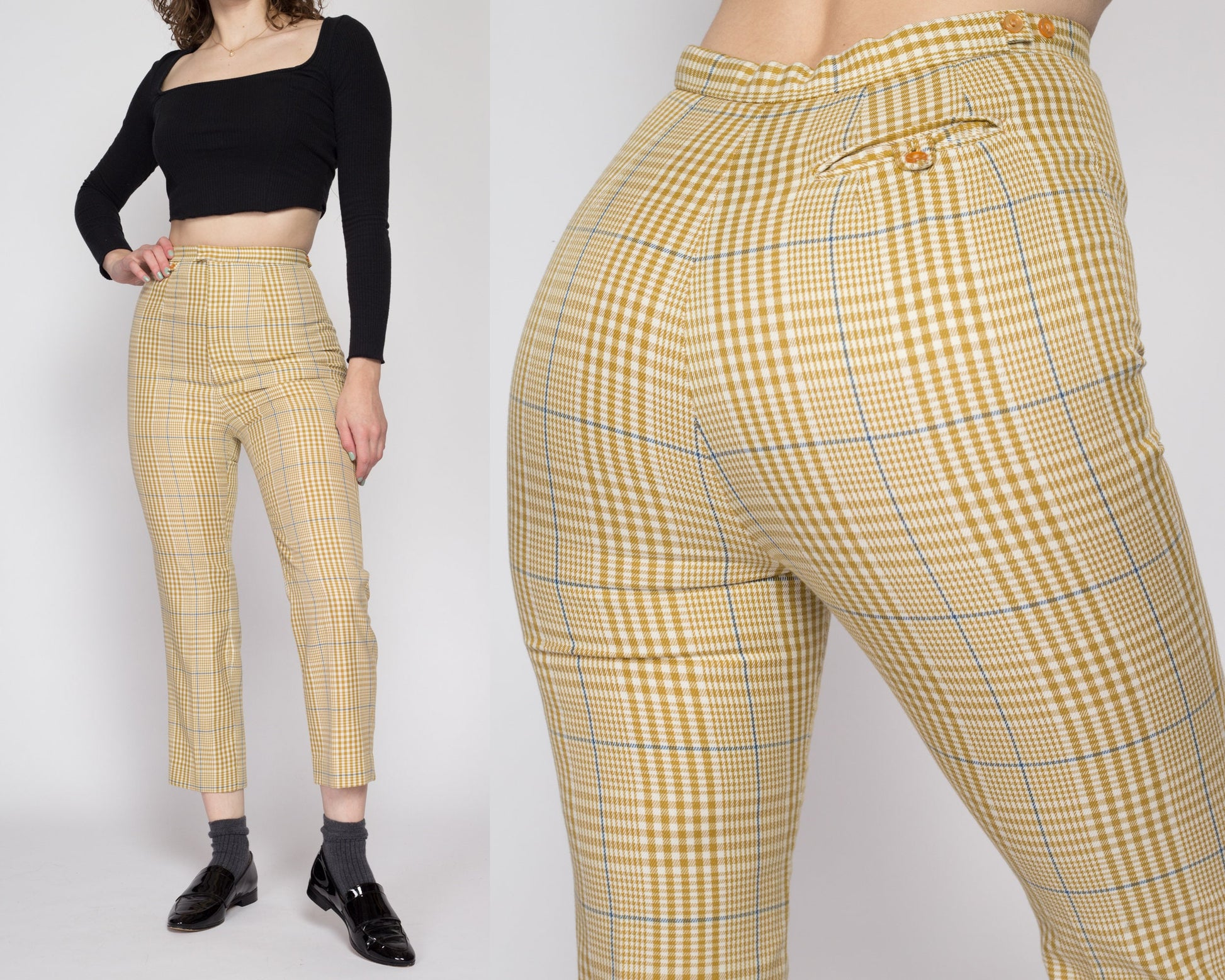 Plaid V-cut Tie Front Tapered Pants