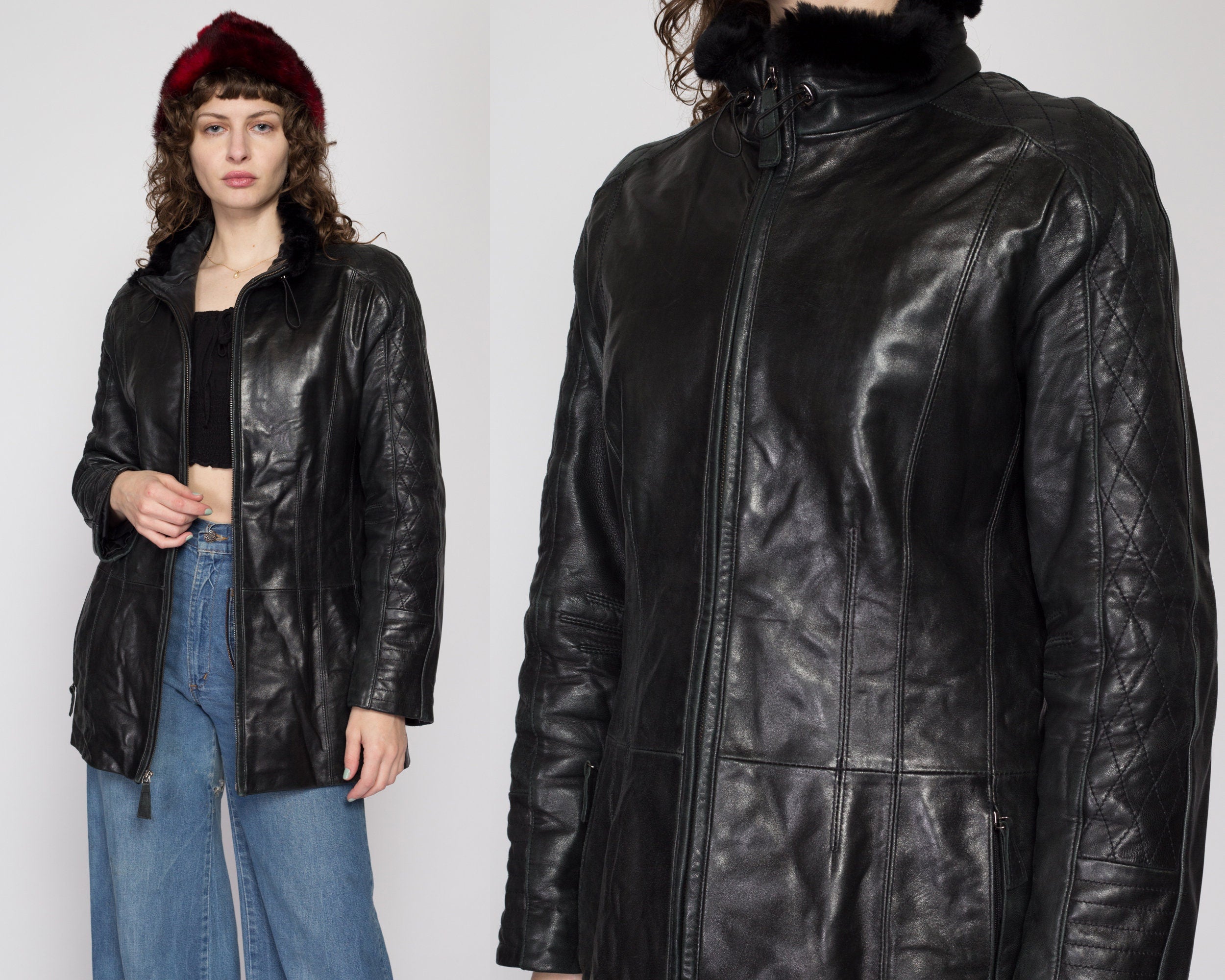 Small 90s Black Leather Fur Collar Jacket