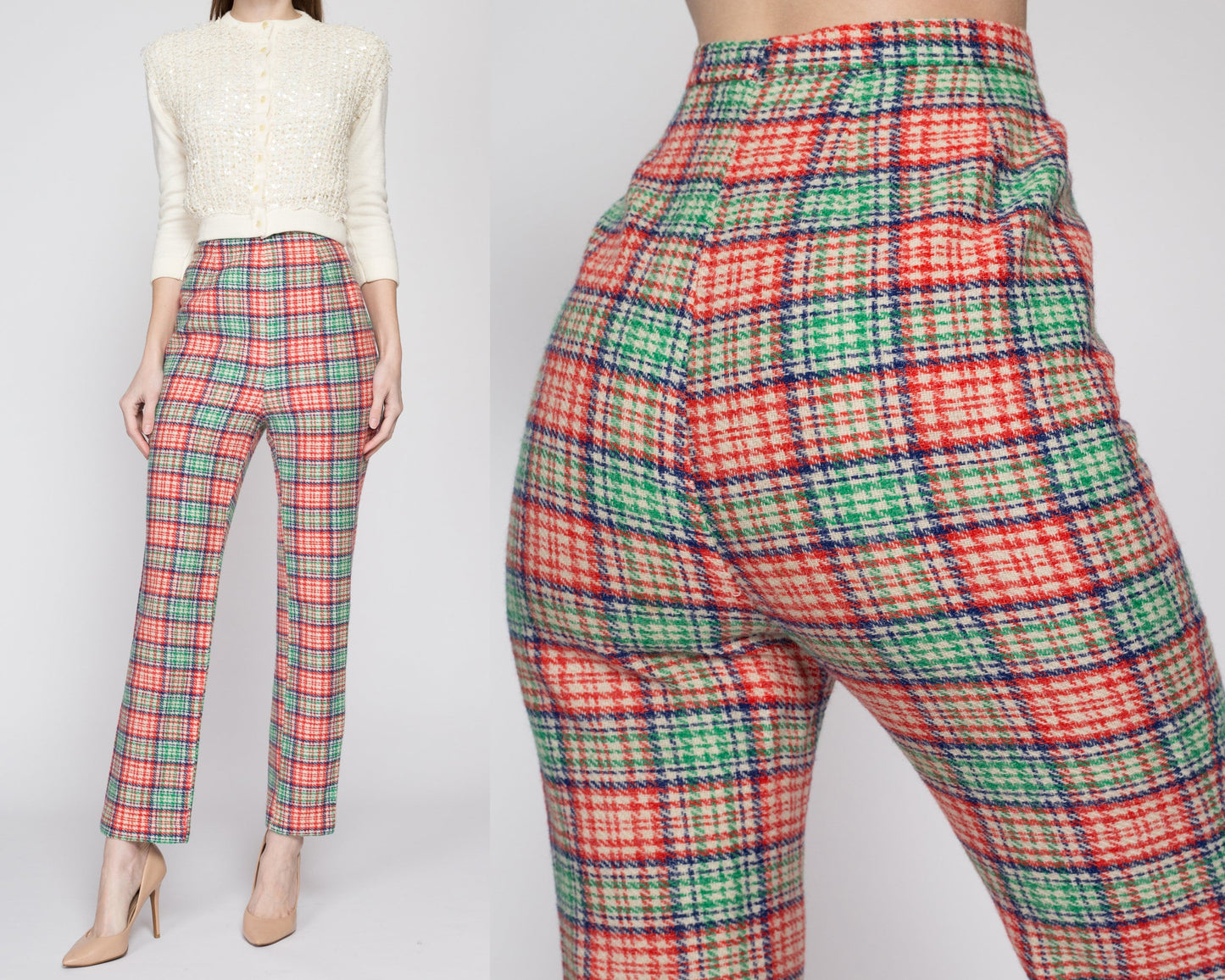 Small 60s Red & Green Plaid Side Zip Trousers 26" | Retro Vintage High Waisted Tapered Leg Cigarette Pants