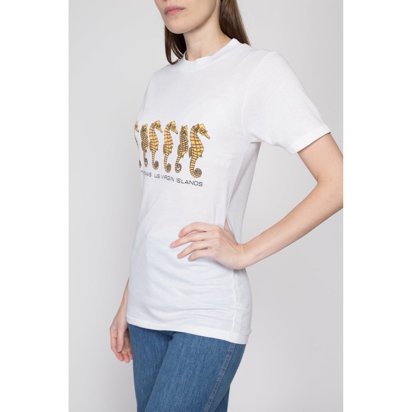 Small 80s St. Thomas Seahorse Tourist T Shirt | Vintage Virgin Islands White Fitted Long Graphic Tee