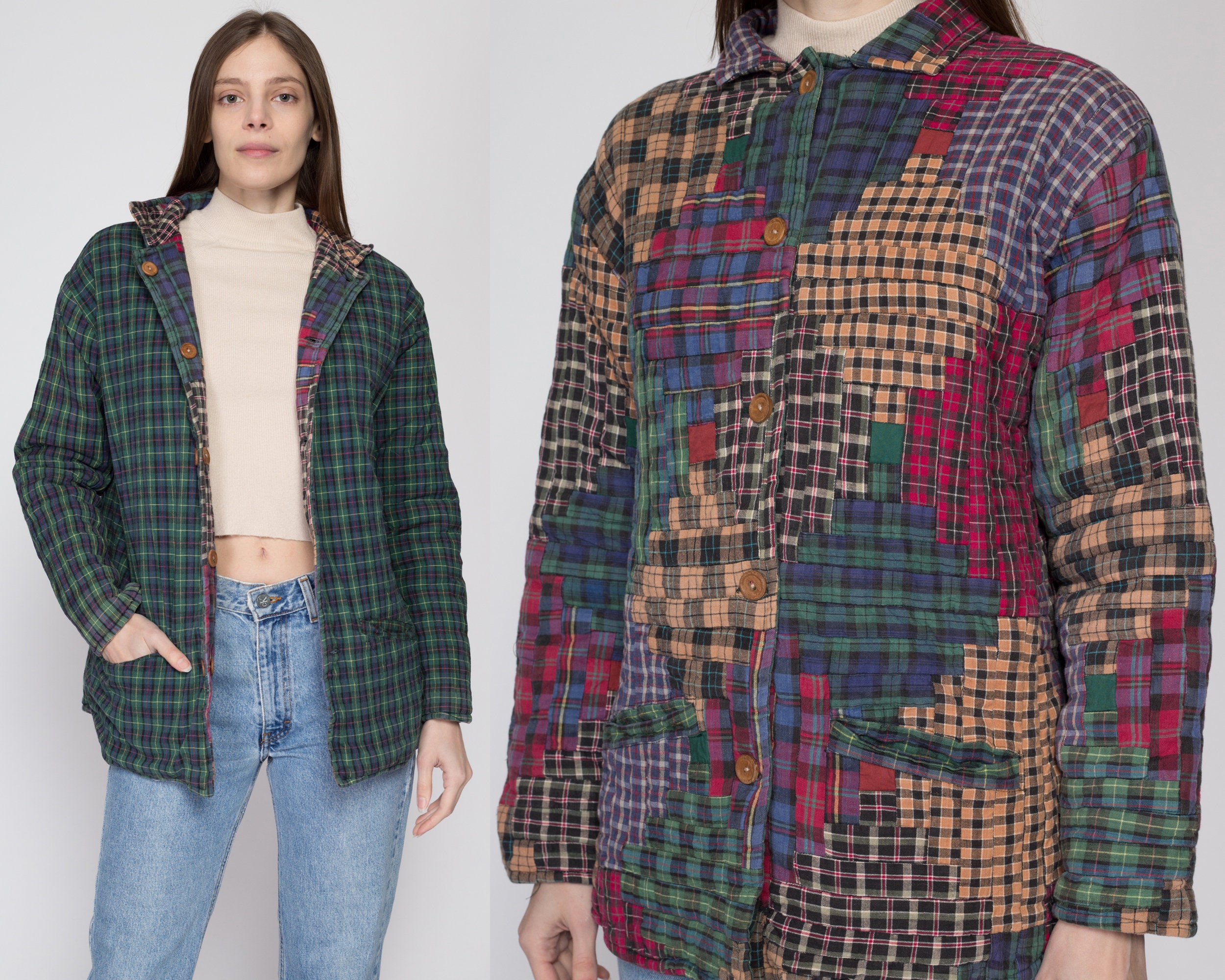 Small 90s Boho Reversible Plaid Patchwork Quilted Jacket