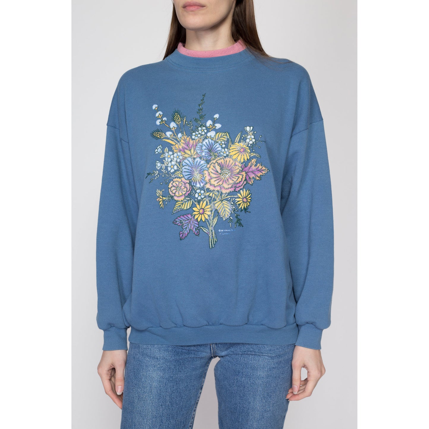 XL 90s Blue Flower Bouquet Collared Sweatshirt | Vintage Flower Graphic Novelty Mockneck Grandma Pullover