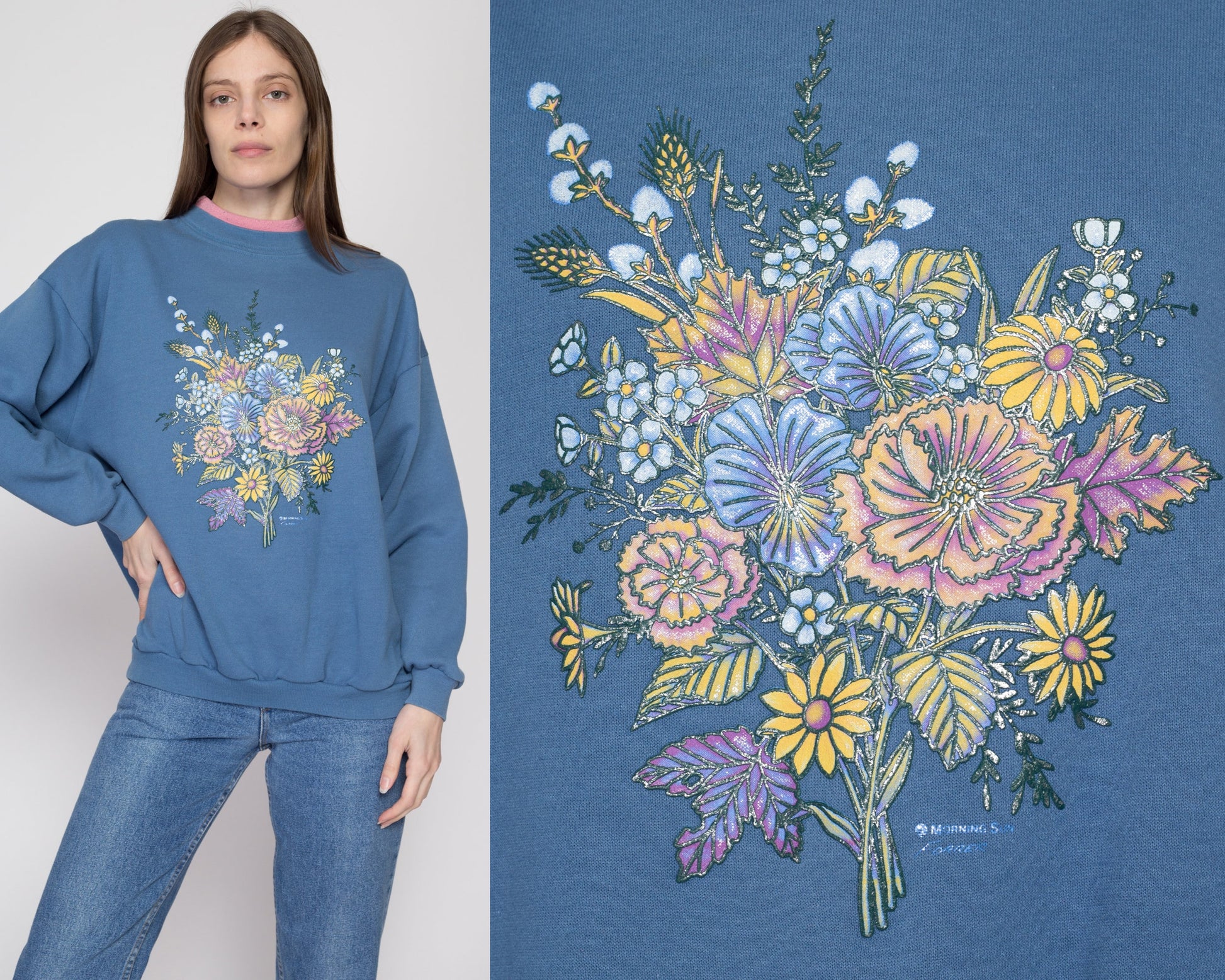 XL 90s Blue Flower Bouquet Collared Sweatshirt | Vintage Flower Graphic Novelty Mockneck Grandma Pullover