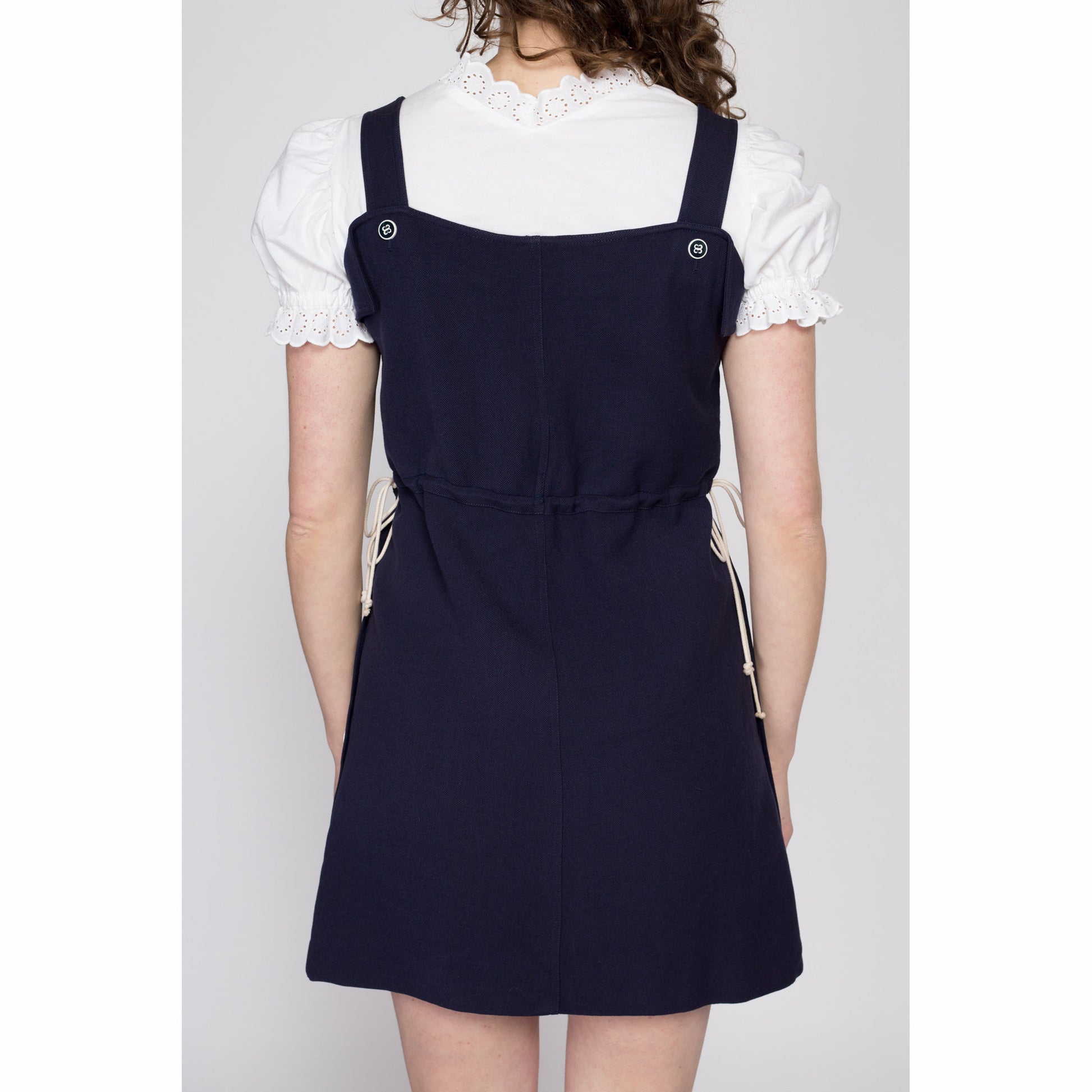 Medium 70s Courrèges Navy Blue Mini Jumper Dress | Vintage Designer Wool Nautical Mod Pinafore Dress