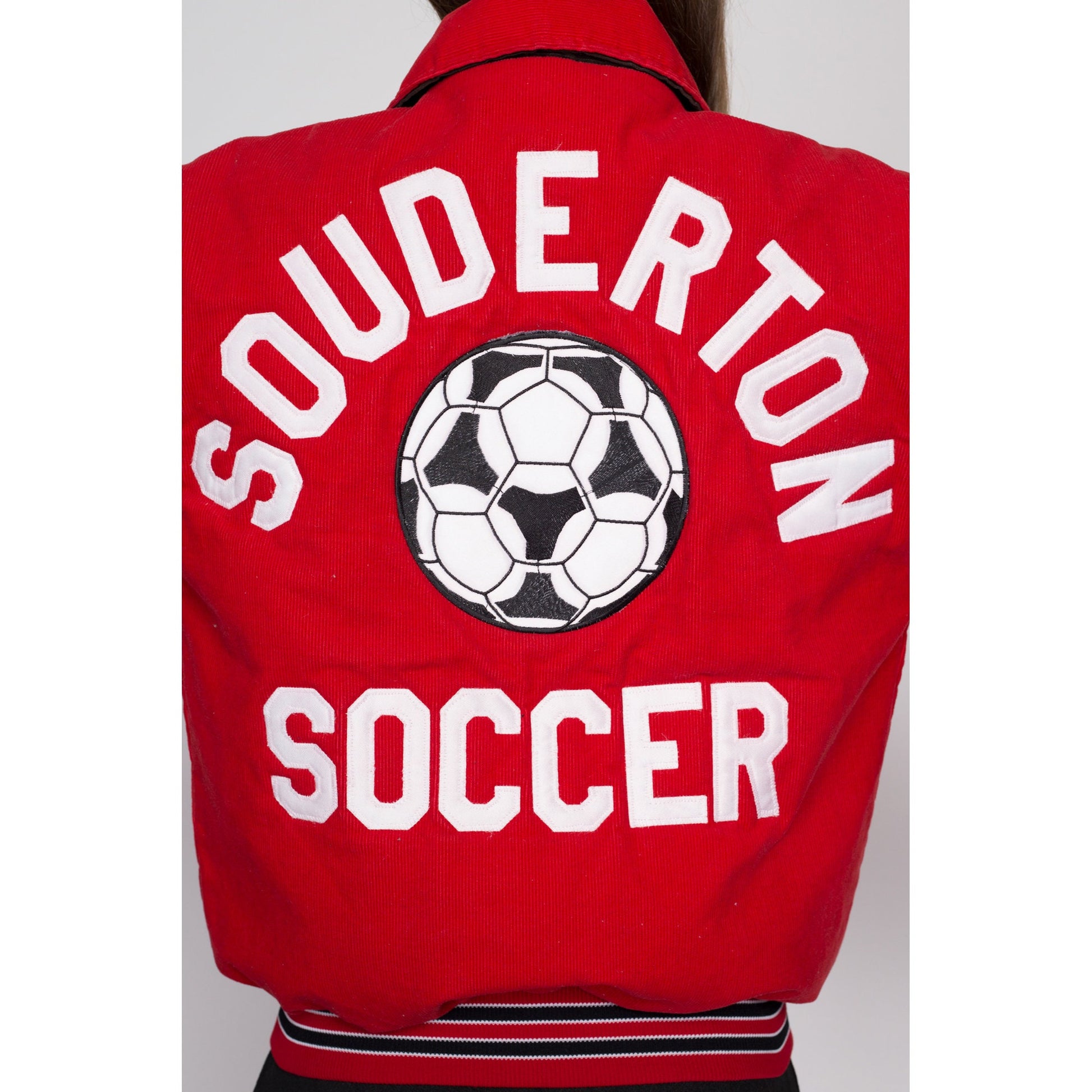 Small 80s Red Corduroy Soccer Team Varsity Jacket | Vintage Striped Trim Snap Button Athletic Bomber