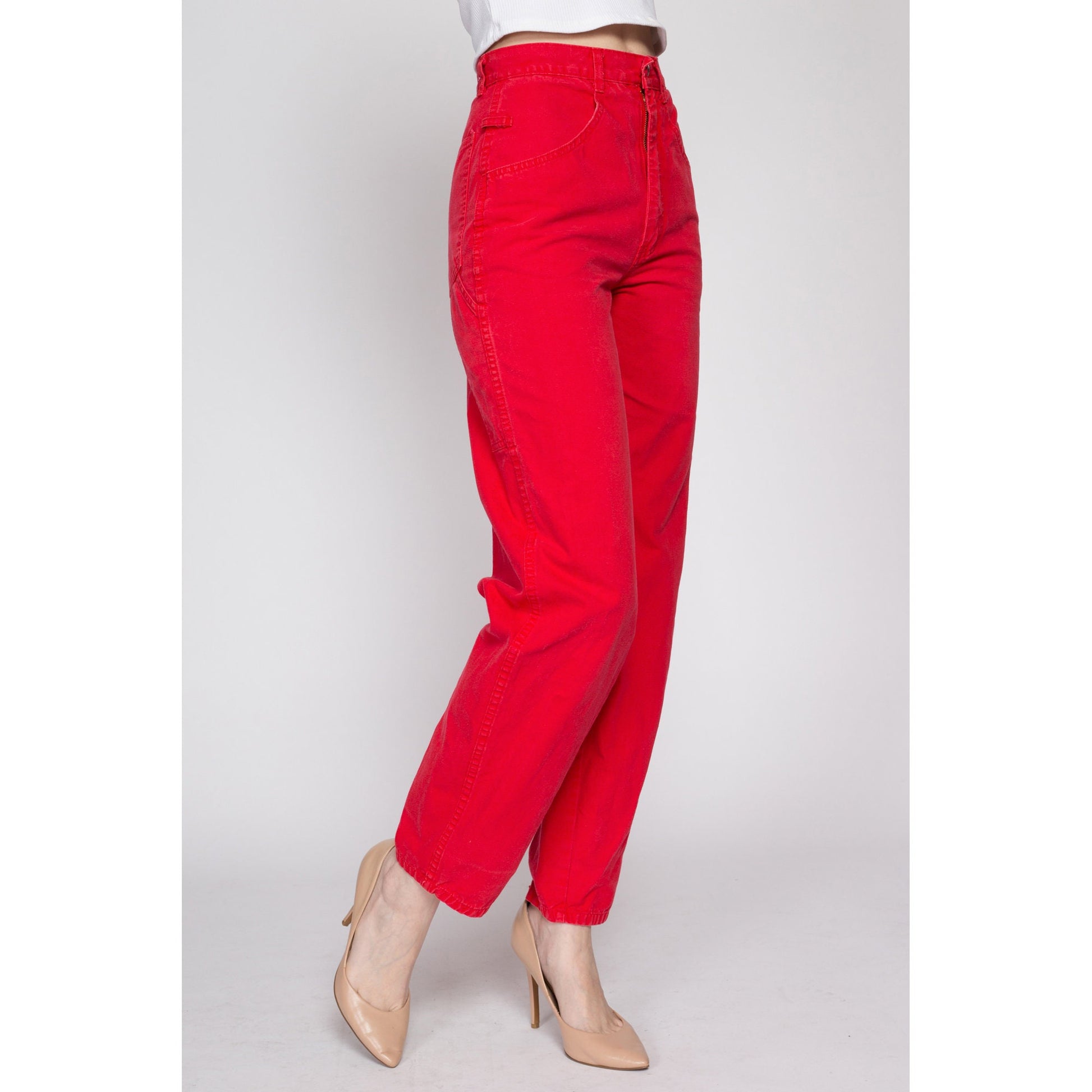 XS 80s Red Cotton Carpenter Pants 25" | Vintage High Waisted Tapered Leg Retro Trousers
